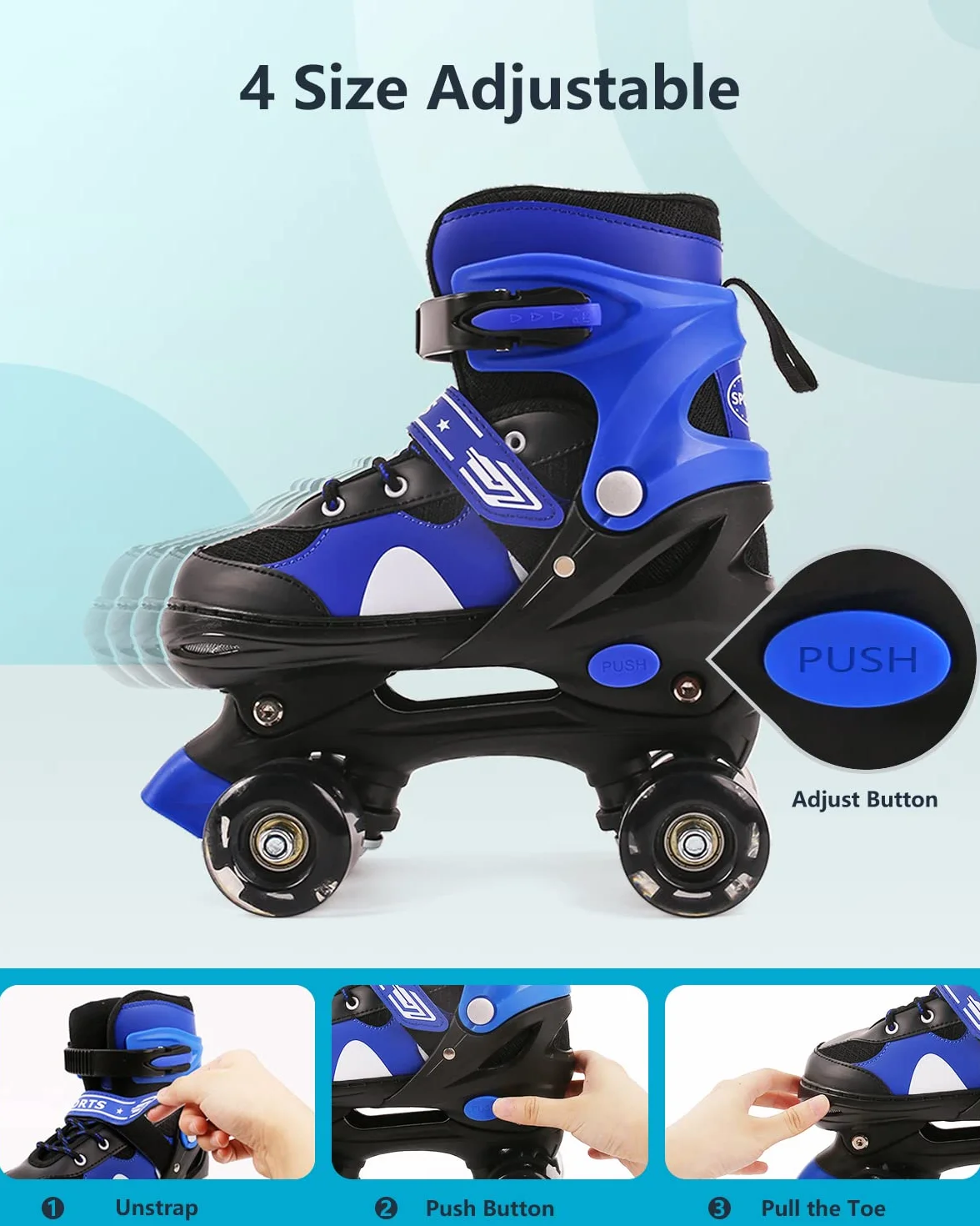 Patins à roulettes Rollers Quad 8 Roues Lumineuses Taille Réglable Bleu