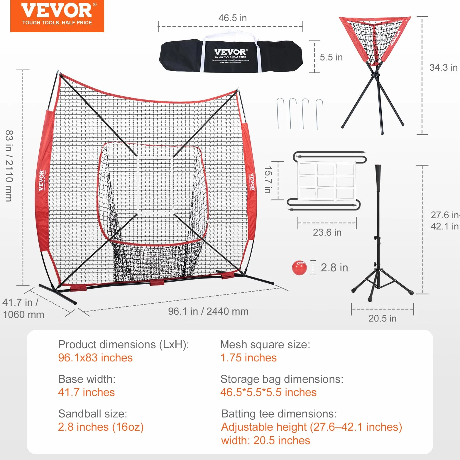 VEVOR Filet d'Entraînement de Baseball Softball 244x211 cm, Cadre d'arc, Sac de Transport, Zone de Frappe, Balle, Tee, Collecteur