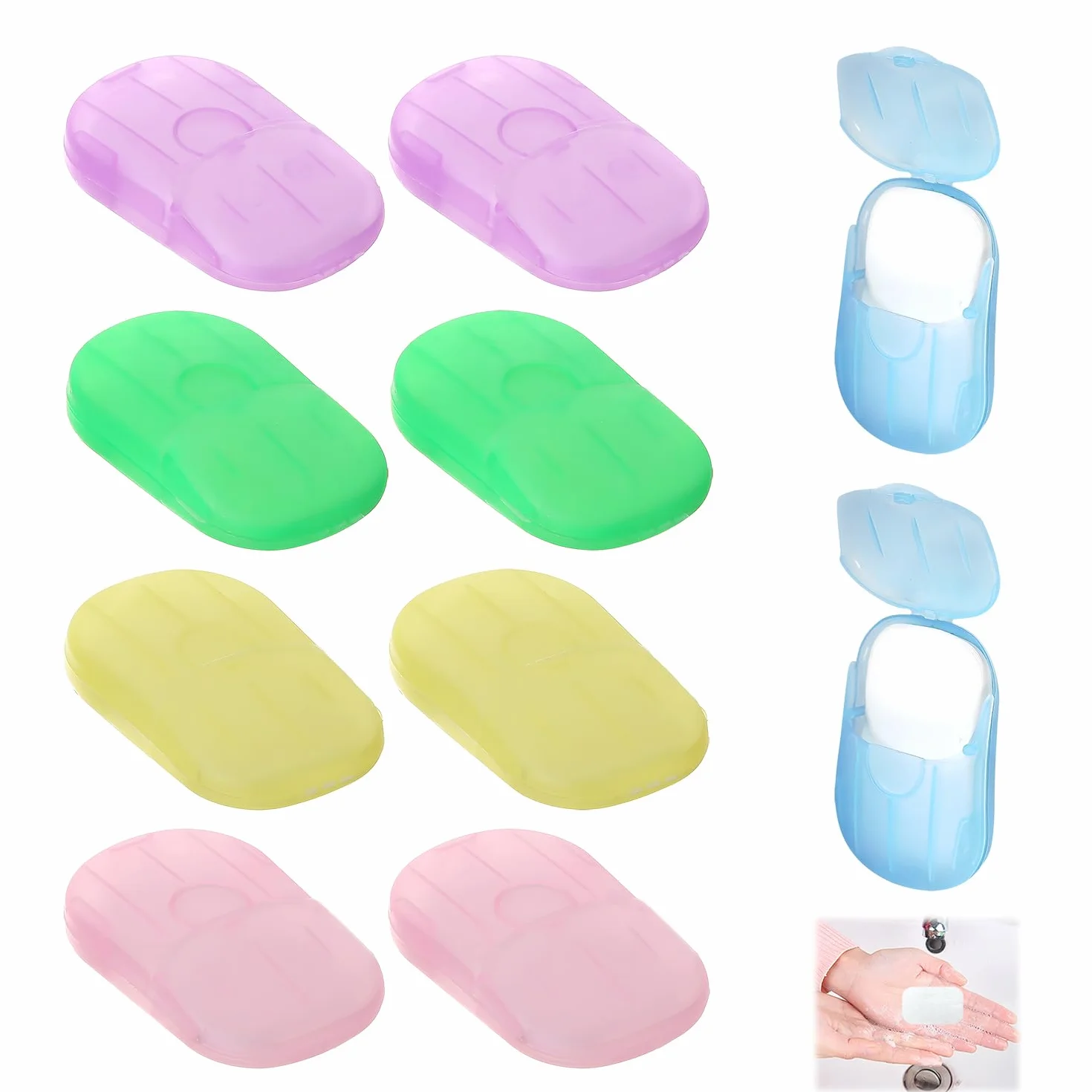 Feuille de Savon Portable 200Pcs, 10 Boîtes Ovales Mini Savon Voyage Solide, 5 Couleurs Savon Antibactérien Jetable