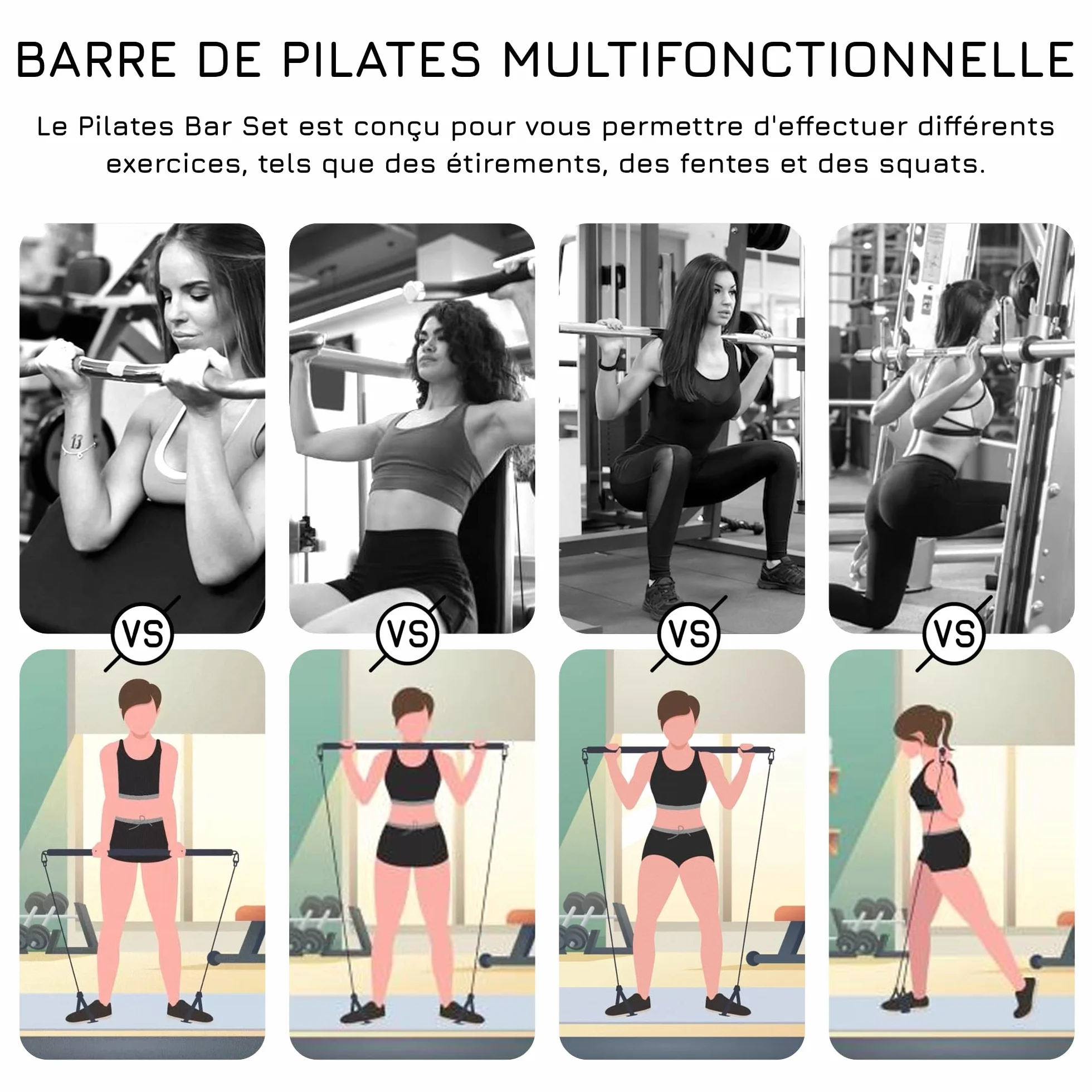 Breaking Limits Ensemble de Barres de Pilates Réglable avec 6 Bandes de Résistance pour Entraînement Complet du Corps