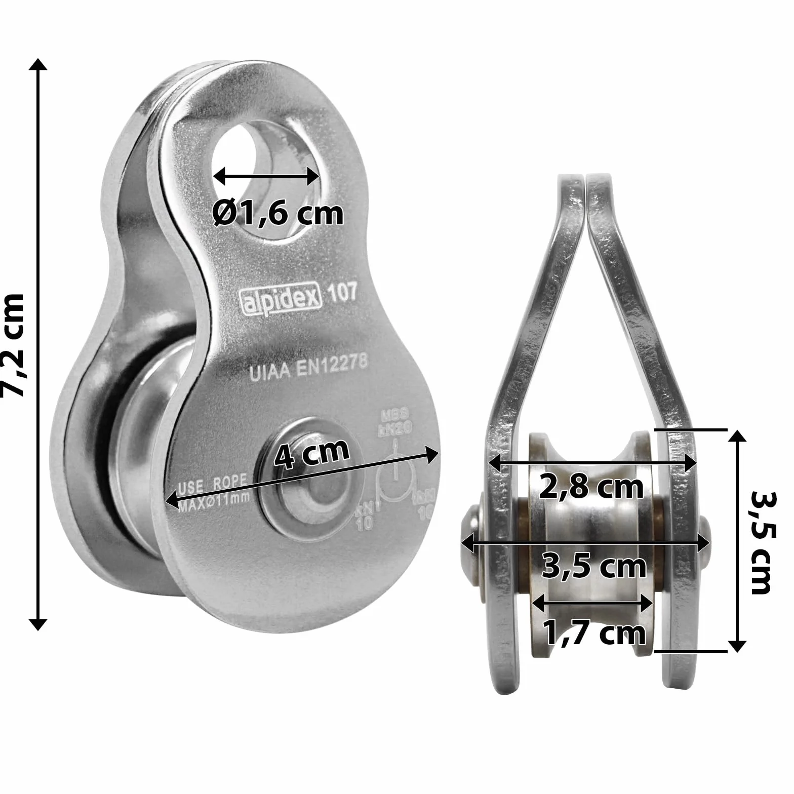 ALPIDEX Poulie de Renvoi 20 kN EN12278 Mobile Pulley Câbles 11 mm Diamètre