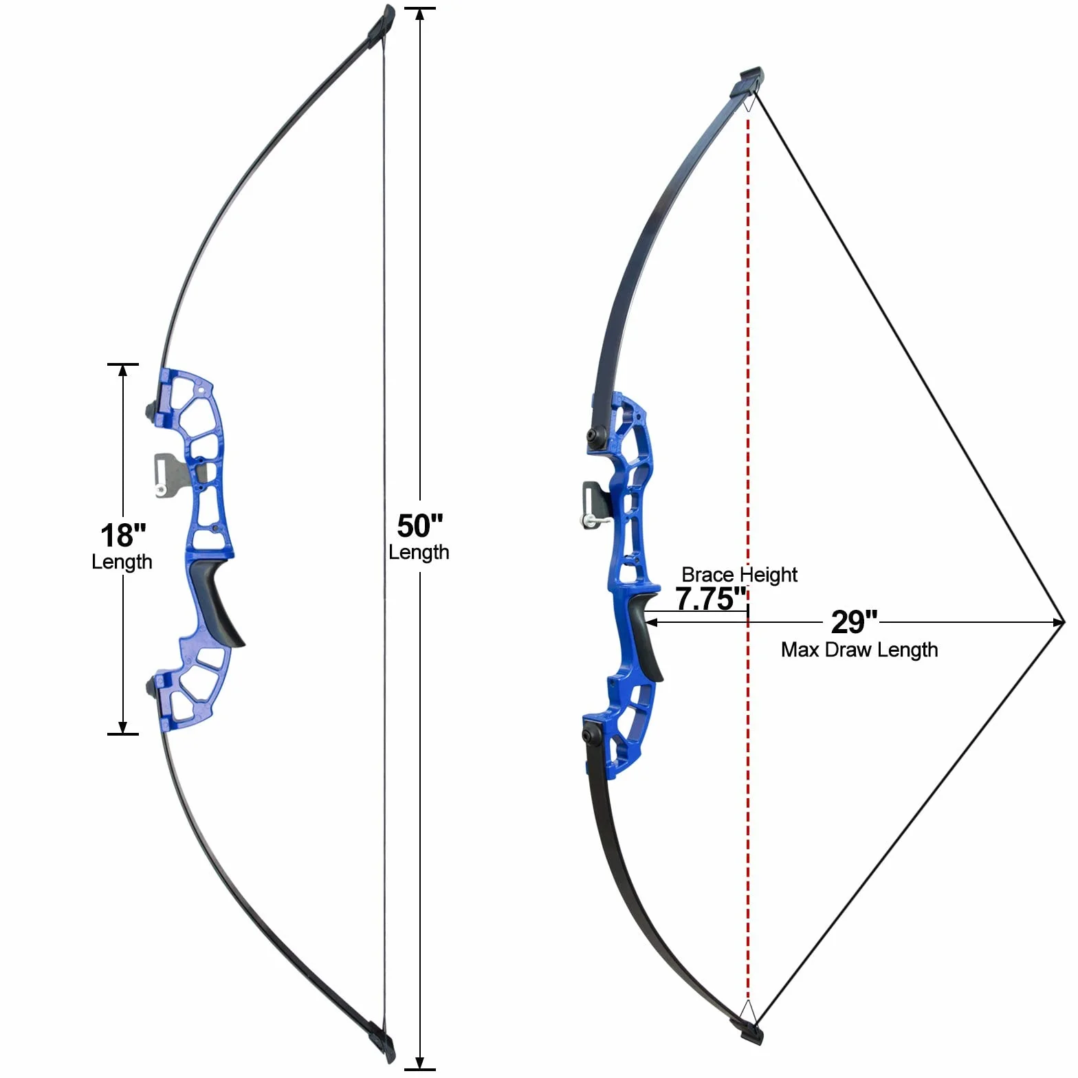 Arc de Chasse Adulte 50 Pouces 30lbs 40lbs Riser en Métal avec 6 Flèches en Carbone Bleu