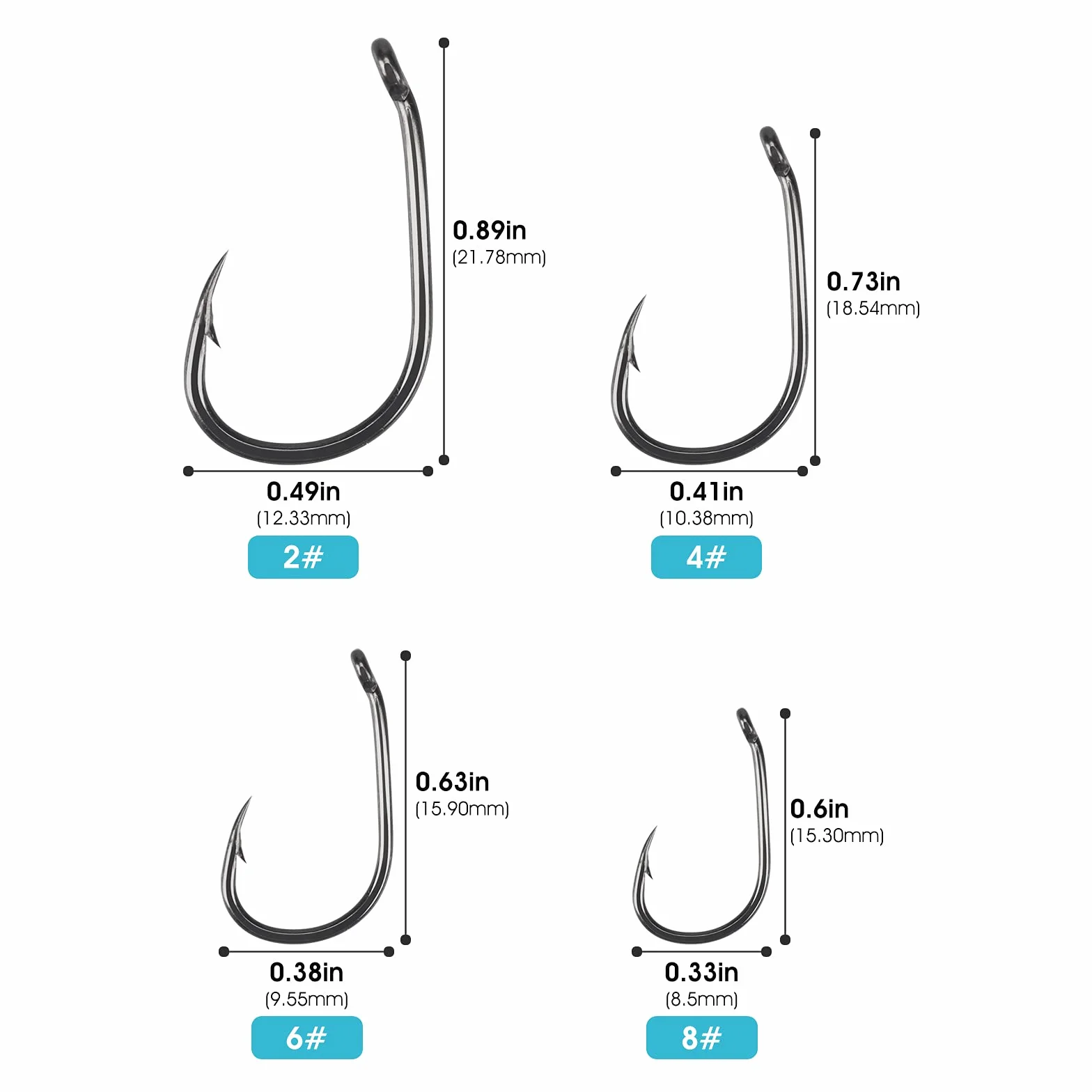 Hameçons Carp avec Ardillon Lot de 50 - Taille 2, 4, 6, 8, 10 - Tige Incurvée Revêtue de Téflon Hameçon Large