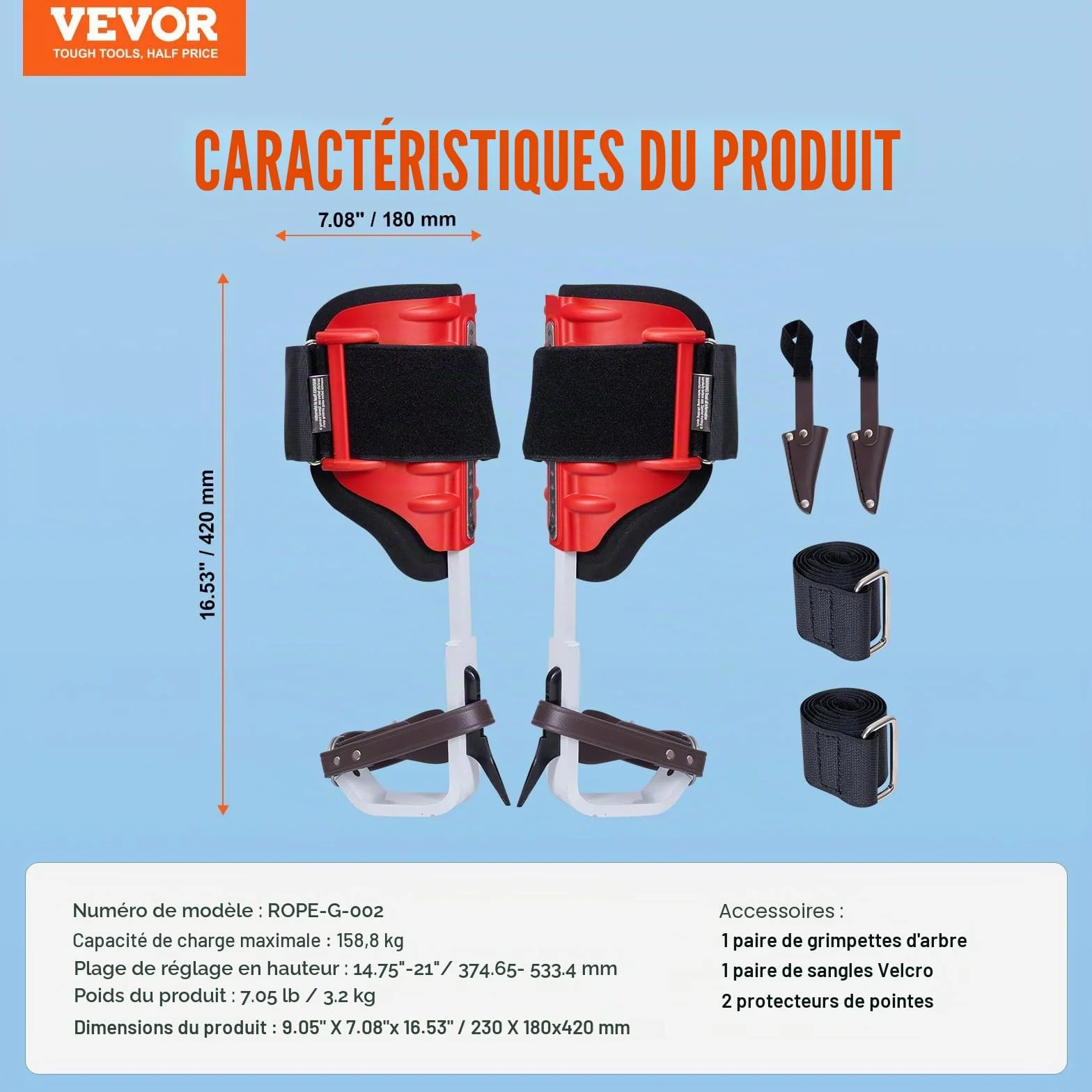 VEVOR Éperons d'escalade réglables en hauteur, capacité 158,8 kg, équipement d'arboriste