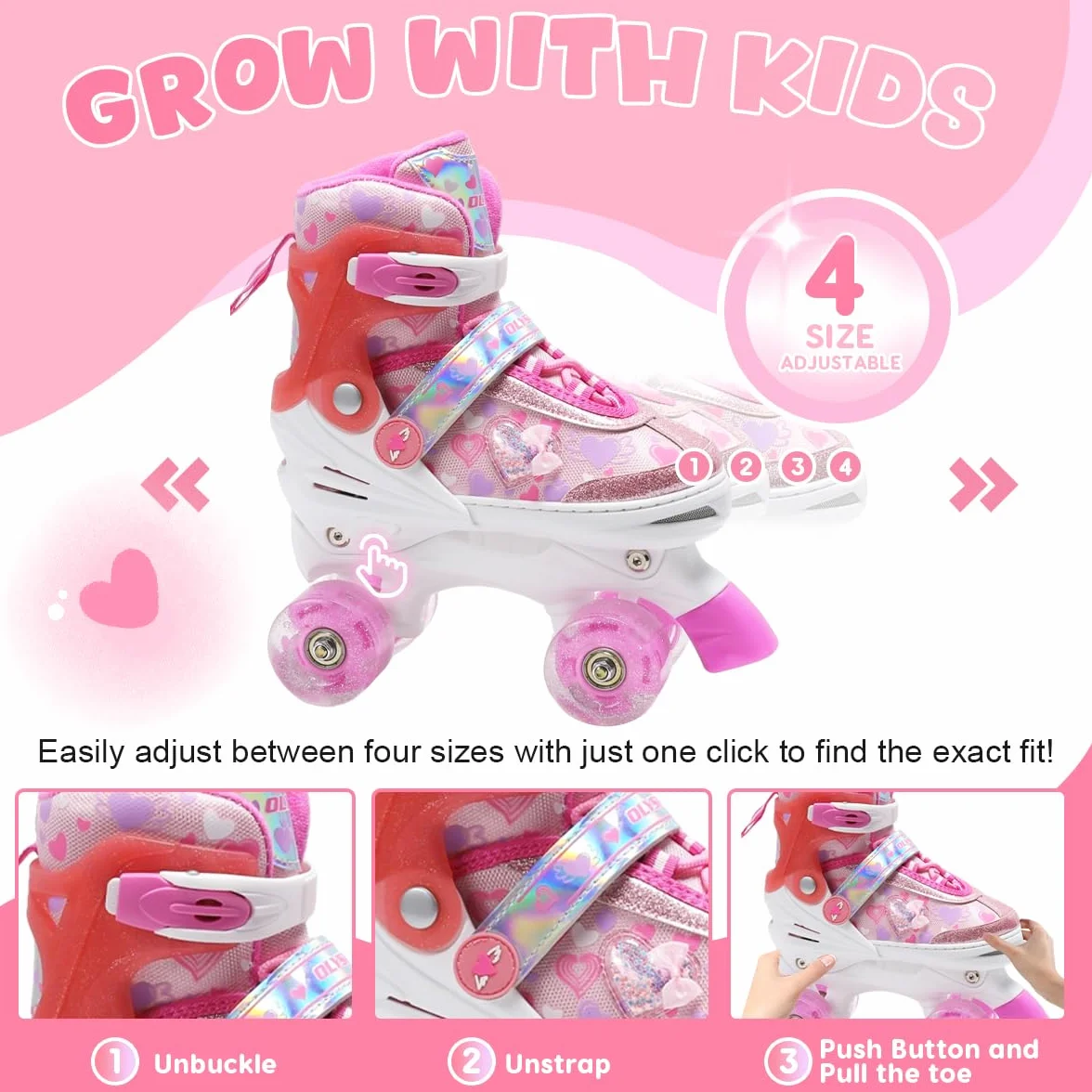 Patin à Roulettes Fille avec 8 Roues Lumineuses, 4 Tailles Réglables, Motif Cœurs