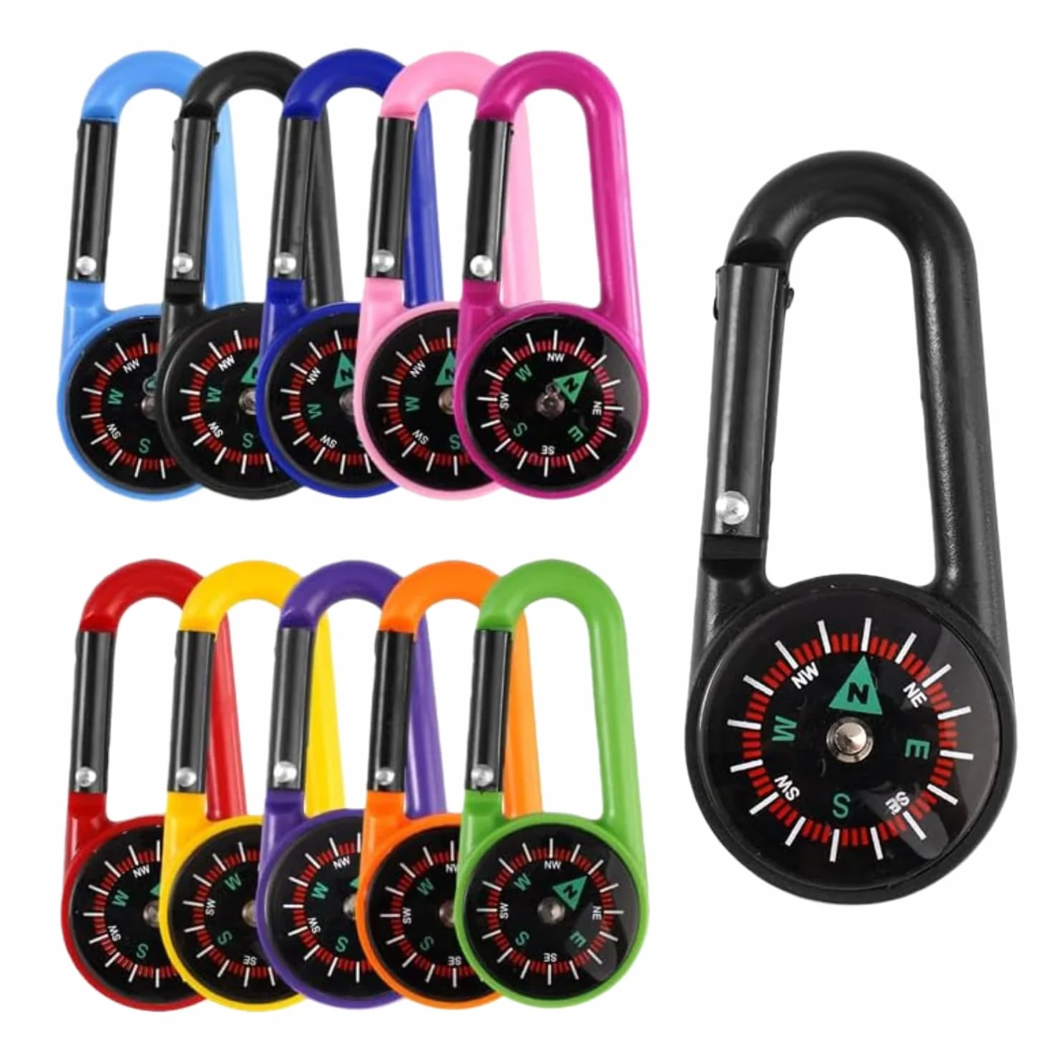 Mini Mousqueton Multifonction 10 pièces Boussole de Camping Colorée pour Enfant Randonnée Plein Air