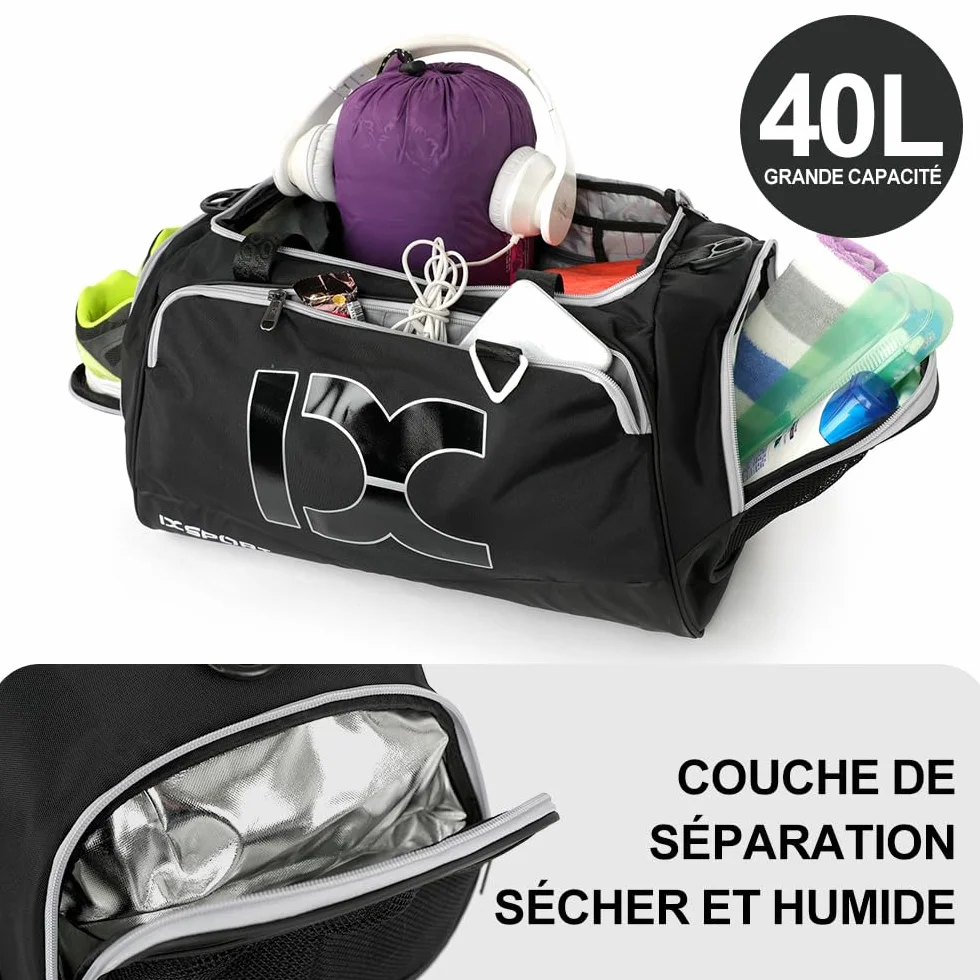 INOXTO Sac de Voyage Pliable Grand avec Poche Humide et Sèche, Compartiment à Chaussures, Week-end Camping, Noir et Blanc