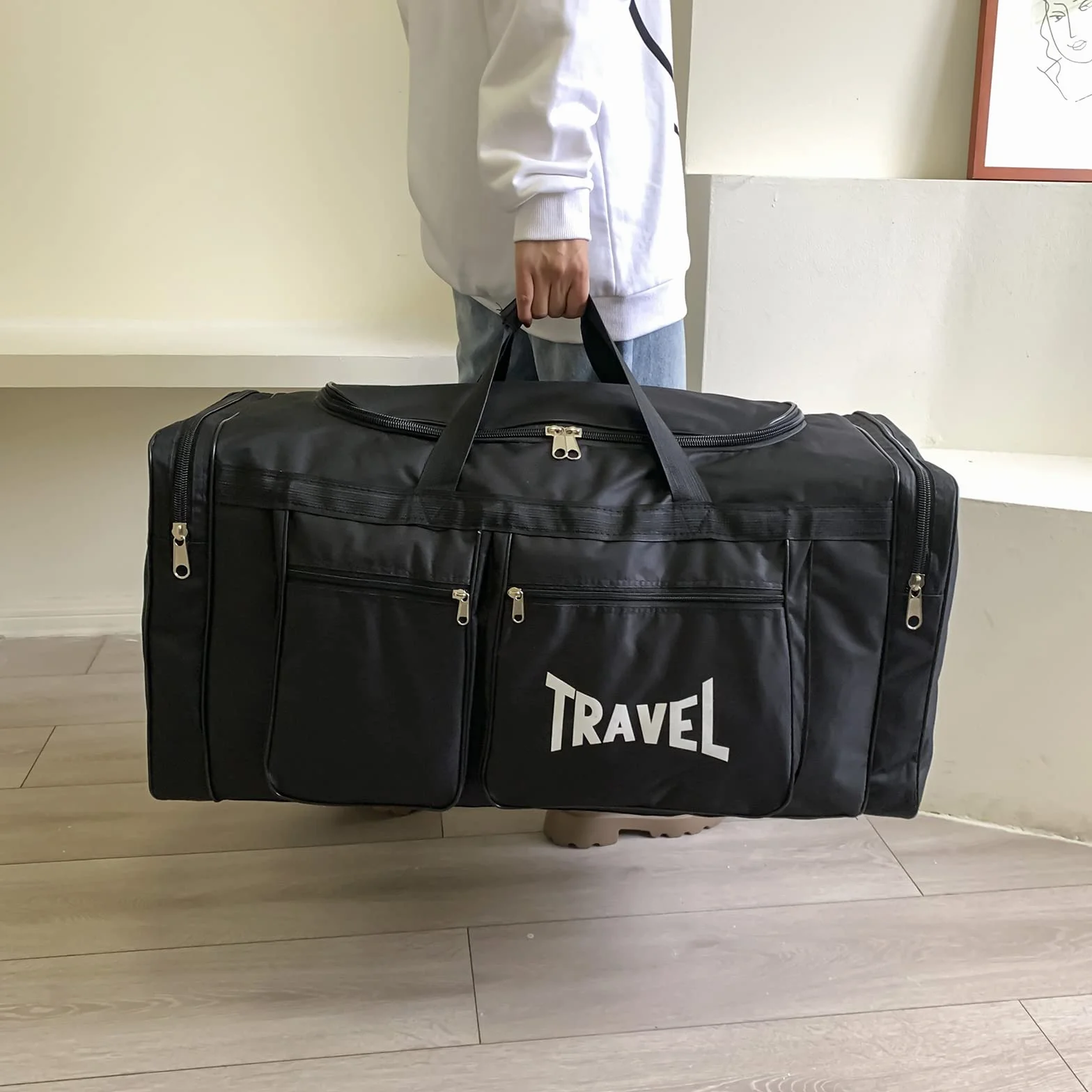 Sac Molleton Polochon De Voyage Pliable 100L, Imperméable, Compartiment à Chaussures, Noir