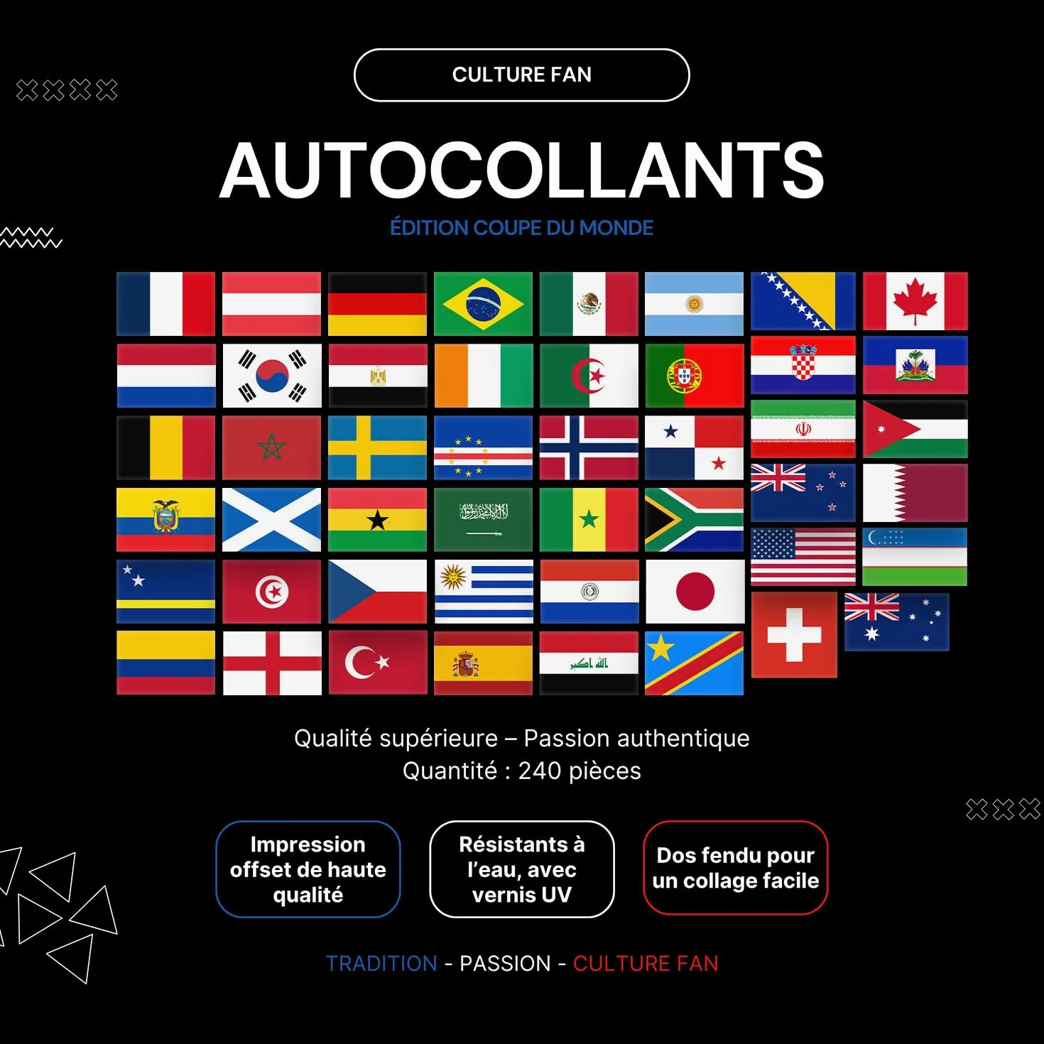 Set d'autocollants Coupe du Monde 2026 – 240 stickers – Drapeaux de toutes les équipes – résistants à l'eau & aux UV