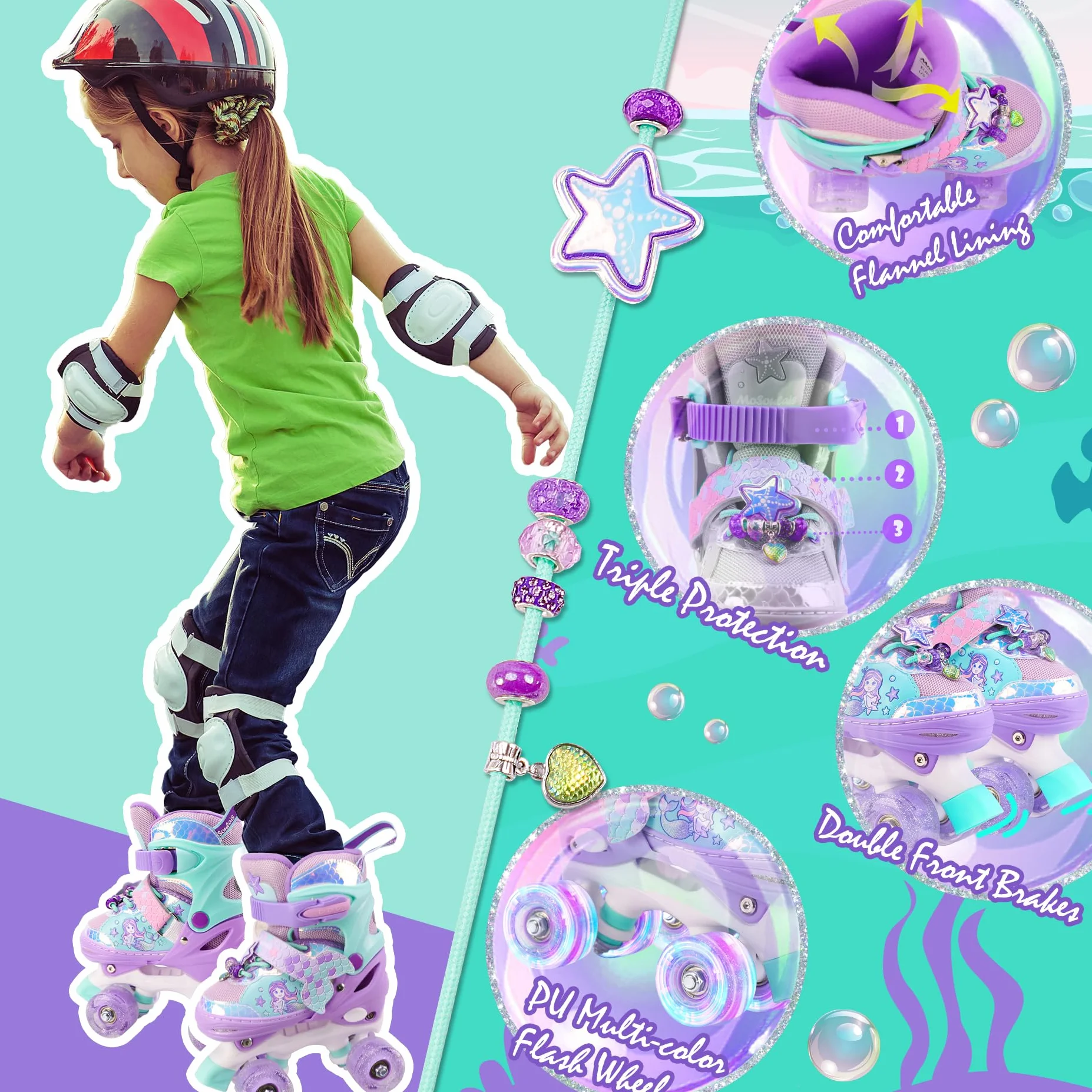 Sirène Patins à roulettes Enfant Roller Fille 4 Roues Ajustable Roues Allumées Débutants Cadeau