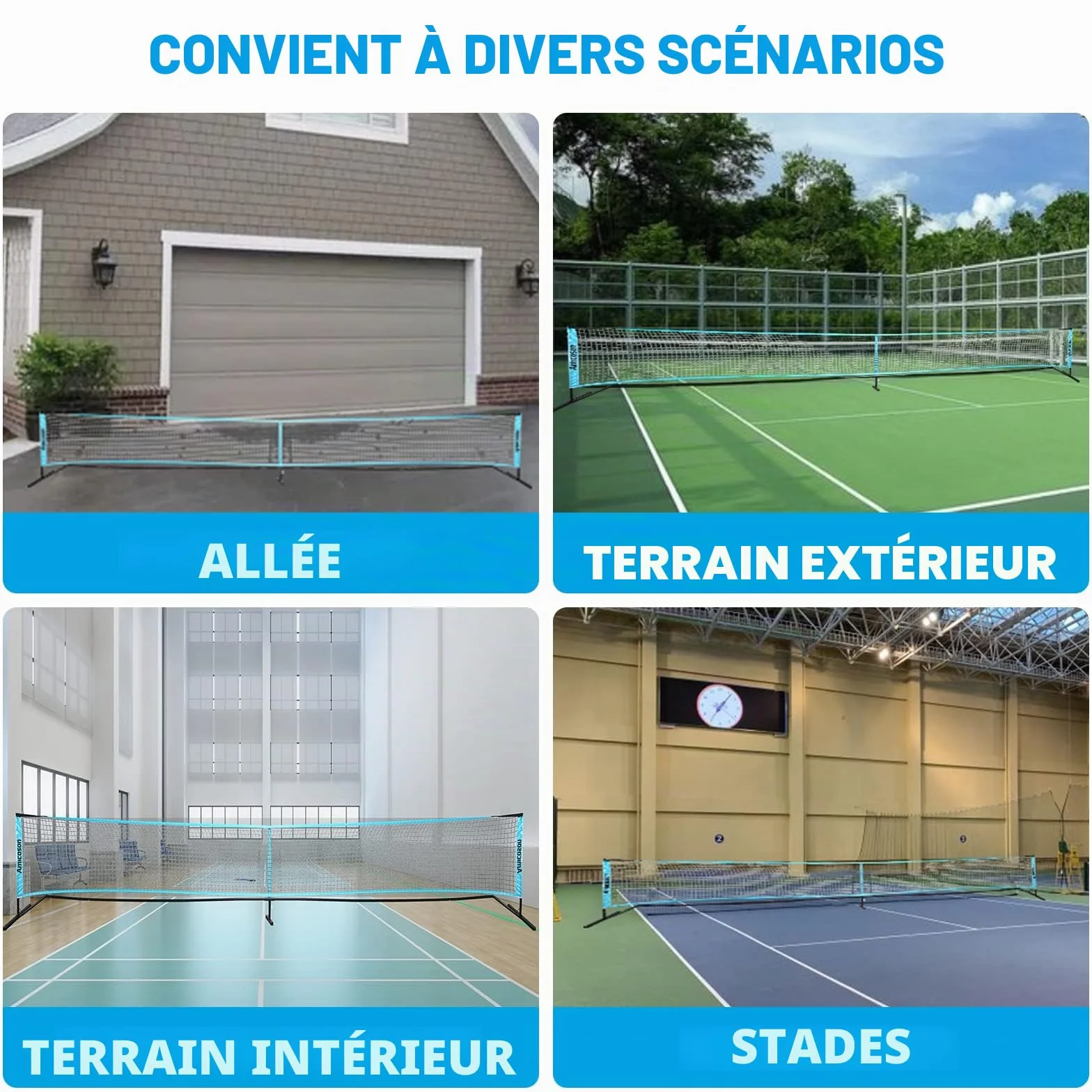 Amicoson Filet de Pickleball Set 22FT en bois pour extérieur avec 4 raquettes, 8 balles, sac de transport