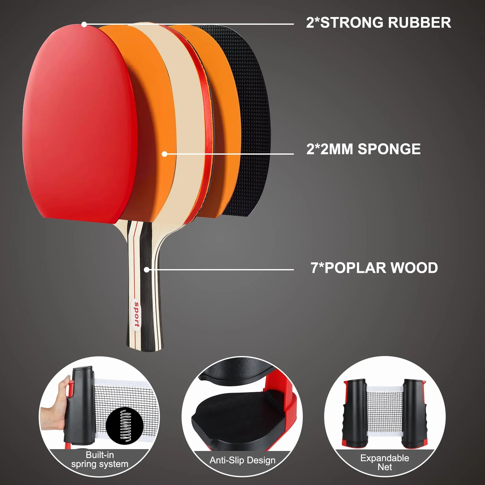 Set de Tennis de Table 2 Raquettes 6 Balles Filet Rétractable Sac de Transport Ping Pong Kit