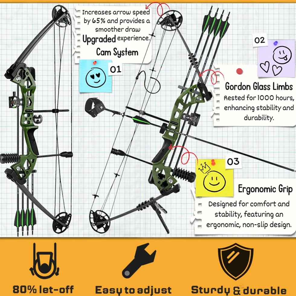 Arc à Poulies Adulte Compound 10-45 lbs 325fps Set Chasse Débutants Professionnel