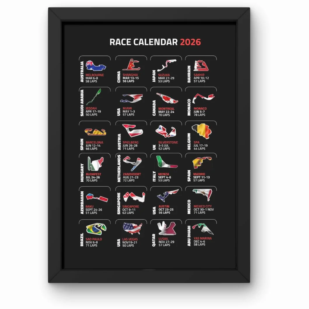 Lap Legends Impression calendrier course 2026 A4 cadre noir Cadeau fans F1