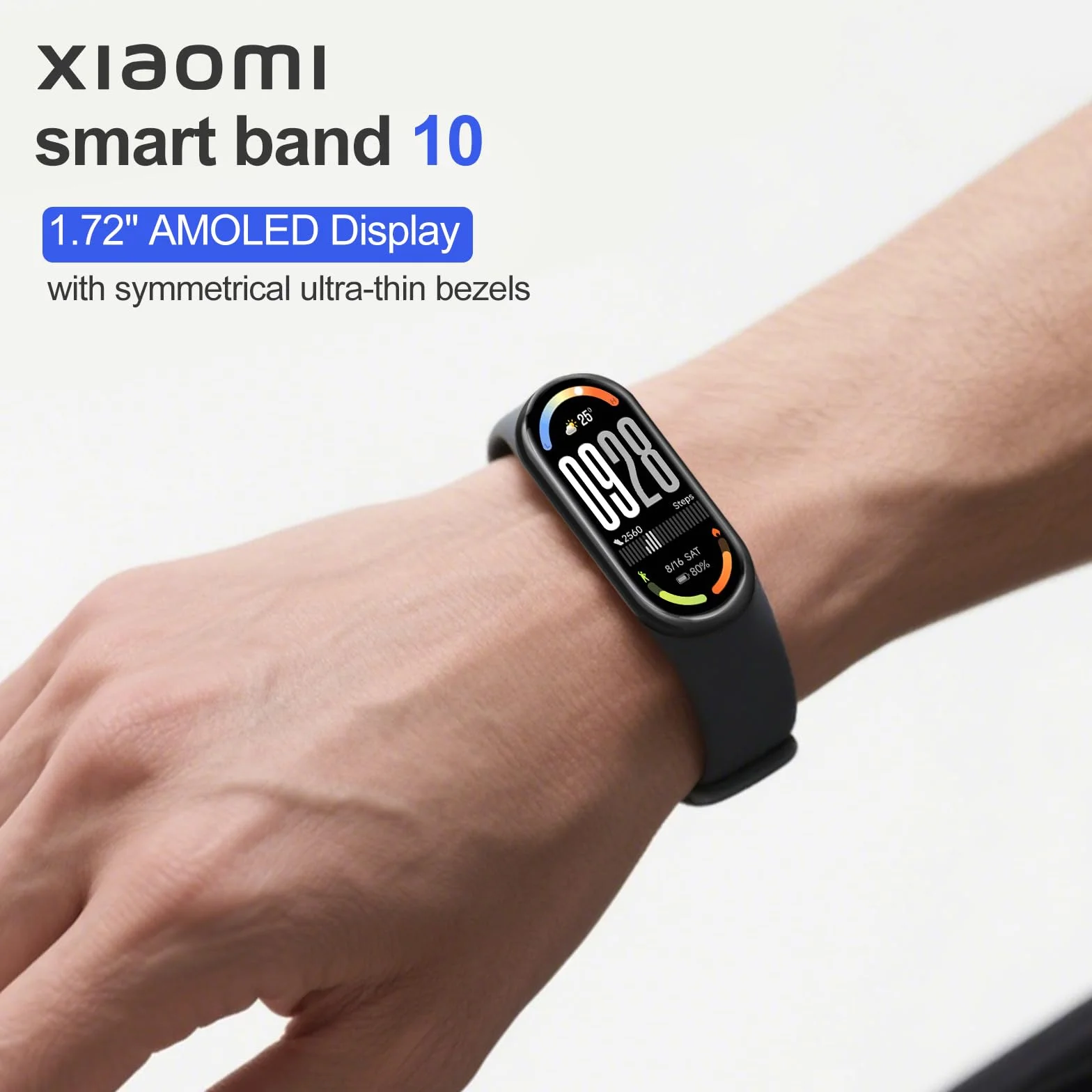 Xiaomi Smart Band 10, écran AMOLED 1,72", 60 Hz, autonomie 21 jours, SpO2, fréquence cardiaque, 5 ATM, Noir