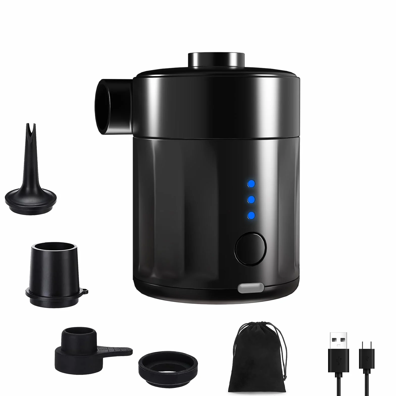 Mojimdo Pompe à Air Électrique Portable Rechargeable 2-en-1 avec 4 Embouts et Sac de Rangement pour Matelas Gonflable, Piscine