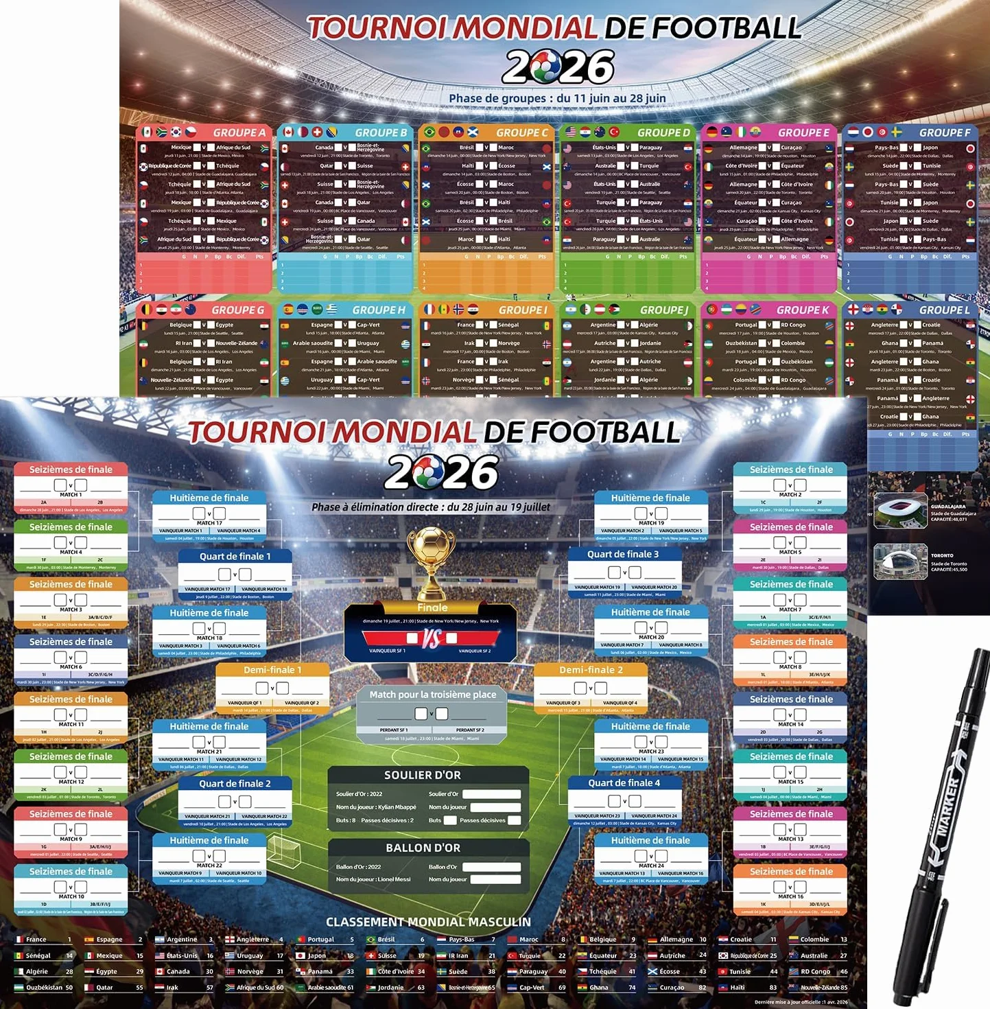 AhfuLife Calendrier Coupe du Monde de Football 2026 A2 Poster 48 Équipes Phase de Groupes Résultats Finale 42x59,4 cm