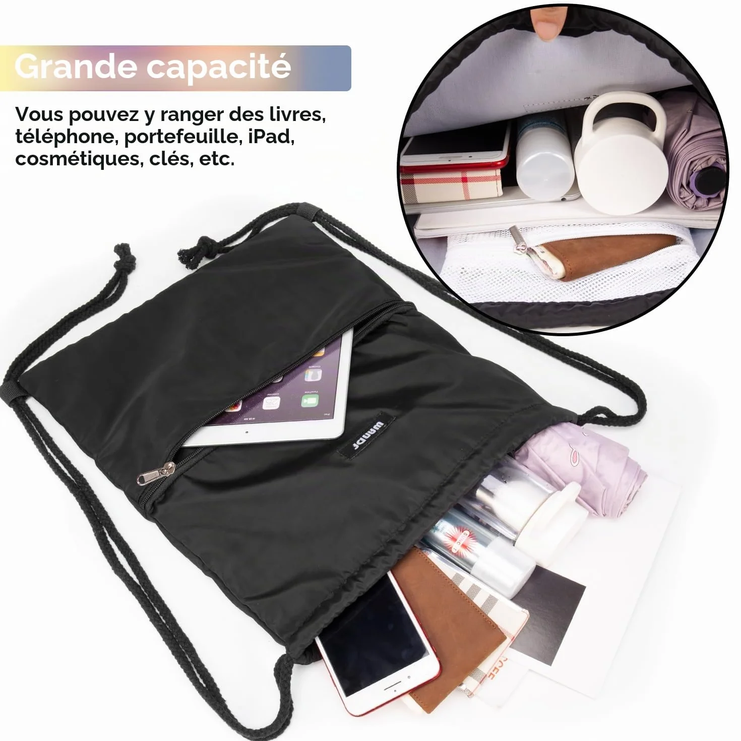 WANDF Sac de Sport à Dos avec Poche Extérieure Cordon Réglable
