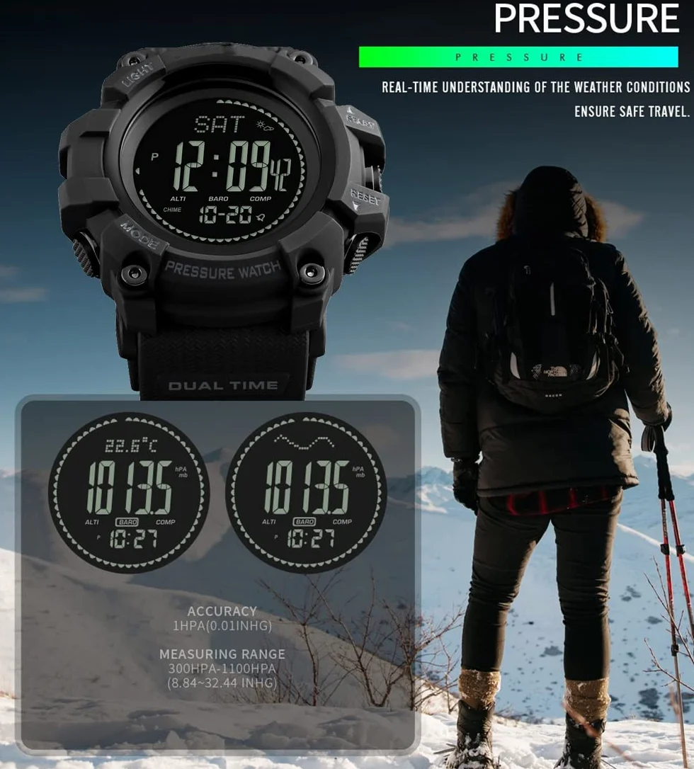 Montre Homme Outdoor Sport Digital Multifonctionnelle Plastique Caoutchouc Bracelet Noir Podomètre Altimètre Baromètre Thermomètre