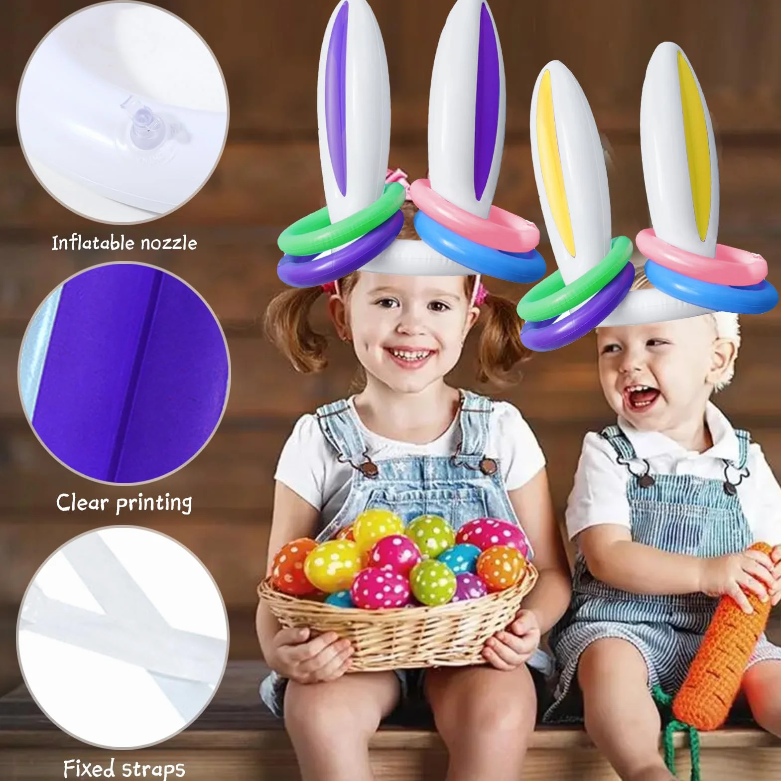 Jeu de Lancer d'Anneaux Gonflable Oreilles de Lapin avec Pompe, Jeu Extérieur Enfant Adulte Piscine Jardin Fête Pâques