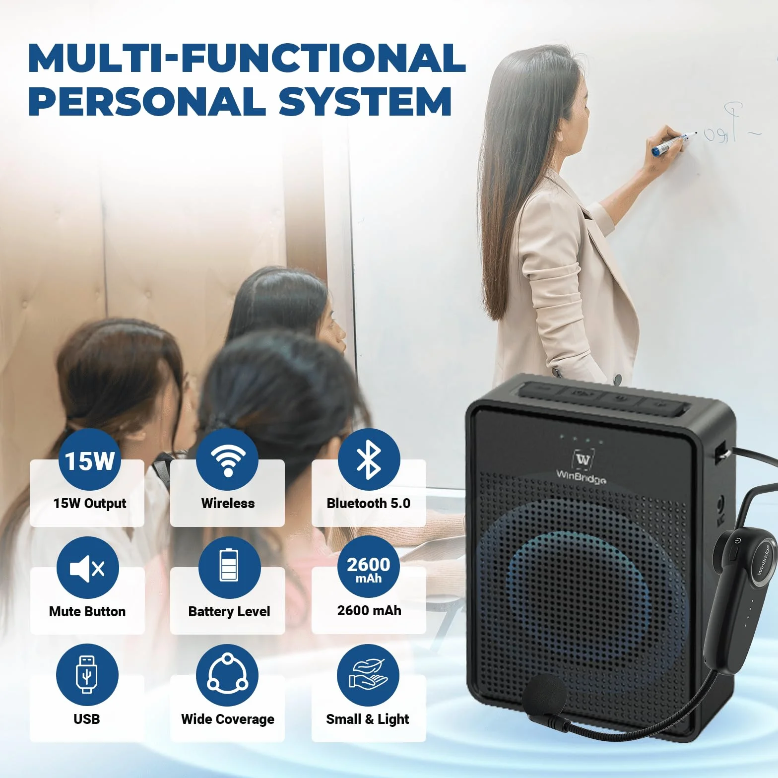 Amplificateur de voix sans fil 15 W avec microphone Bluetooth, haut-parleur mégaphone portable pour enseignants
