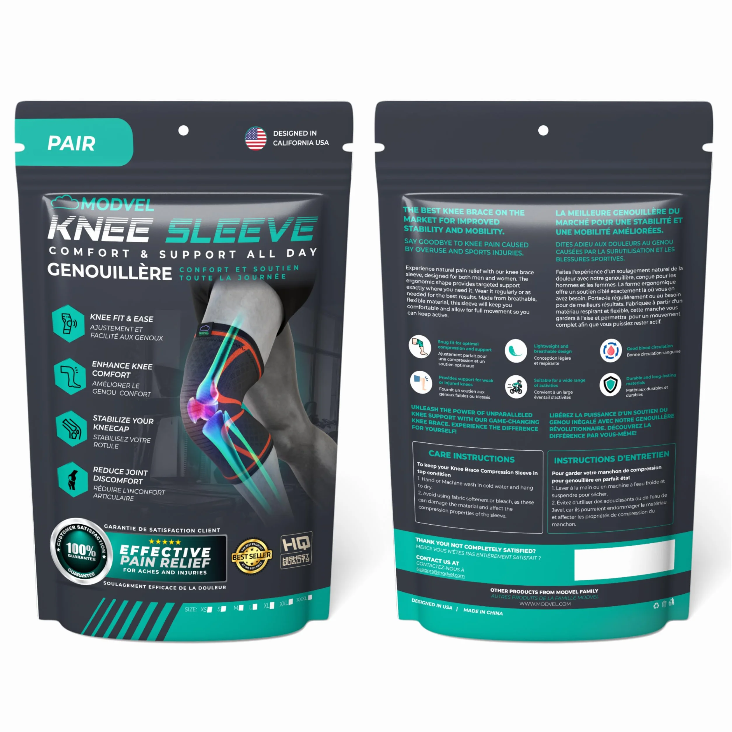 MODVEL Genouillère sport 2 Pièces Ligamentaire Genou, Maintien Compression Genoux Médicales Arthrose Course Douleur