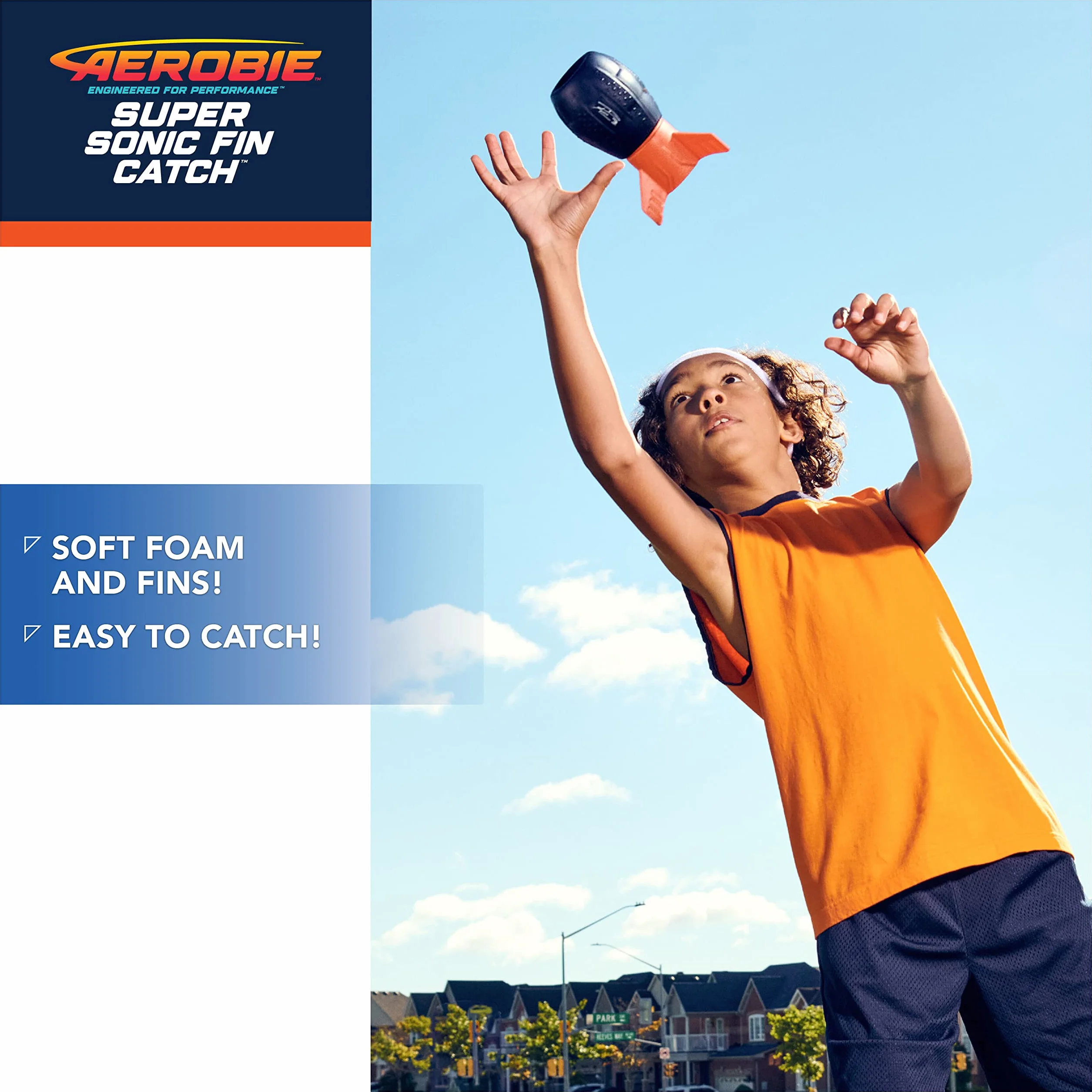Aerobie Super Sonic Fin Catch Football Jouet d'extérieur Matériau Souple Enfants Adultes 8+ Ans Bleu/Orange