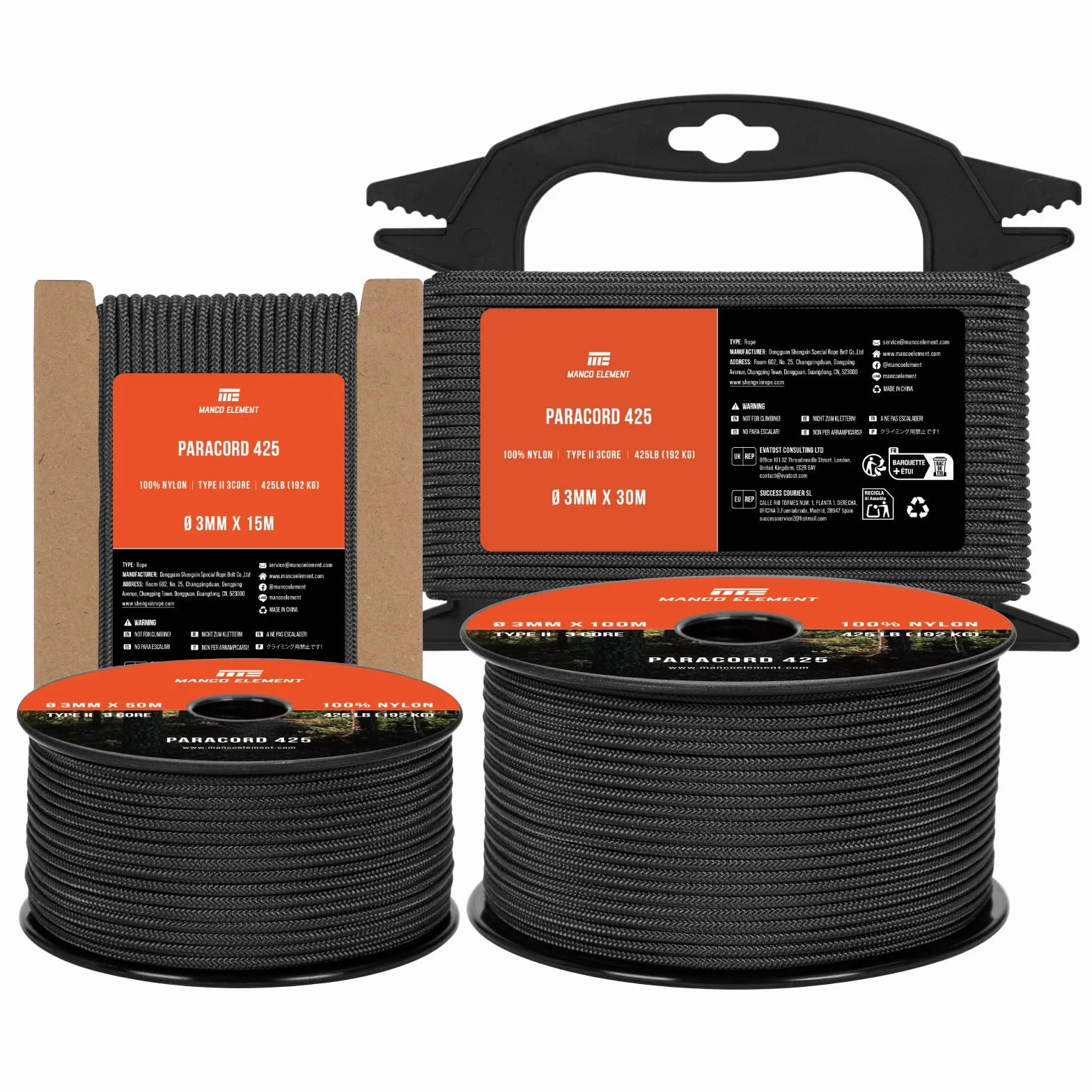 Paracorde 425 Type II 15m Noir 3mm 100% Nylon Corde 3 Brins Survie Camping