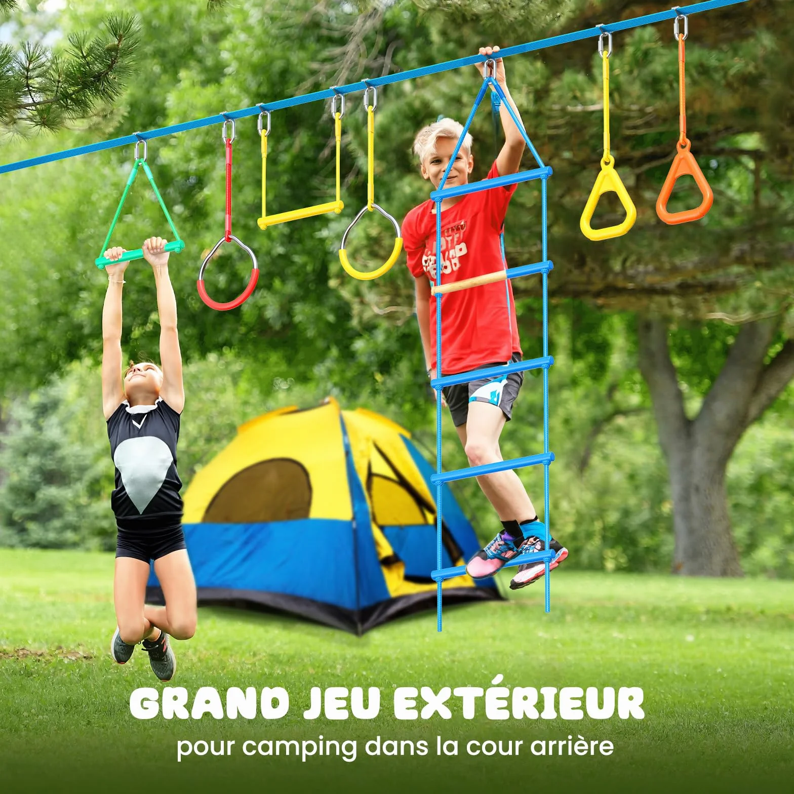 Hapfan Parcours Ninja d'obstacles 15m×2 Slackline avec 8 Obstacles à Suspendre Mixte Kit Plein air