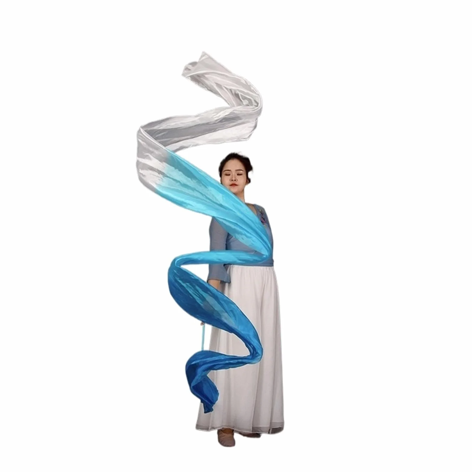 Banderole de Danse en Polyester à Fleurs, Rubans de Gymnastique Rythmique, Bleu Blanc