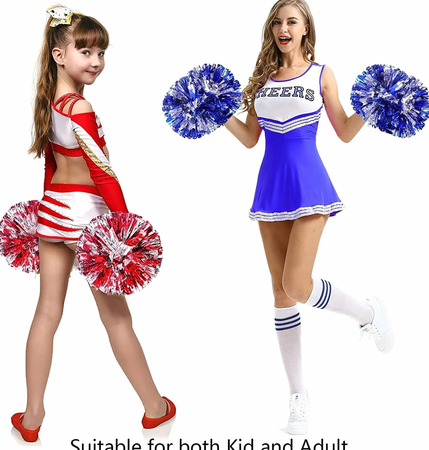 Lot de 2 Pompons Pom-pom Girl Métallisée avec Poignées pour Compétition Sportive, Danse, Cheers
