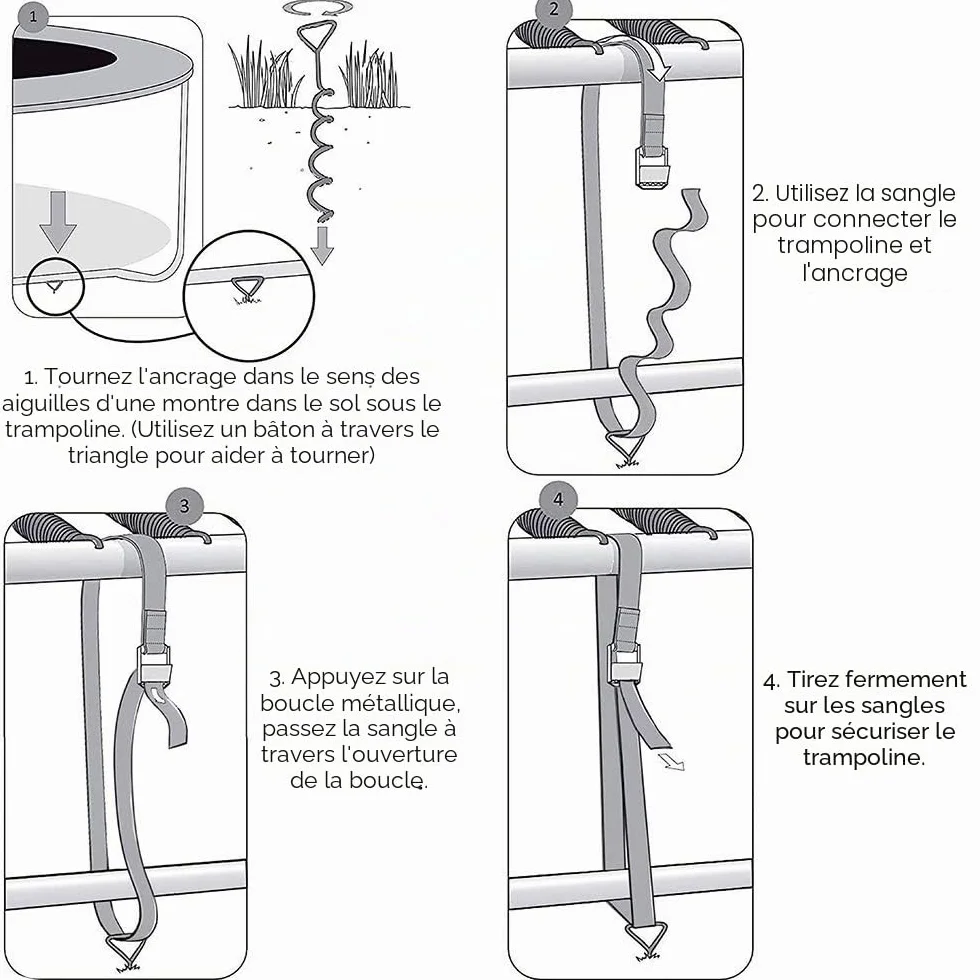 Piquets d'ancrage pour Trampoline Kit d'ancrage Au Sol Acier Galvanisé Inoxydables 4 Sangles Solides Noire