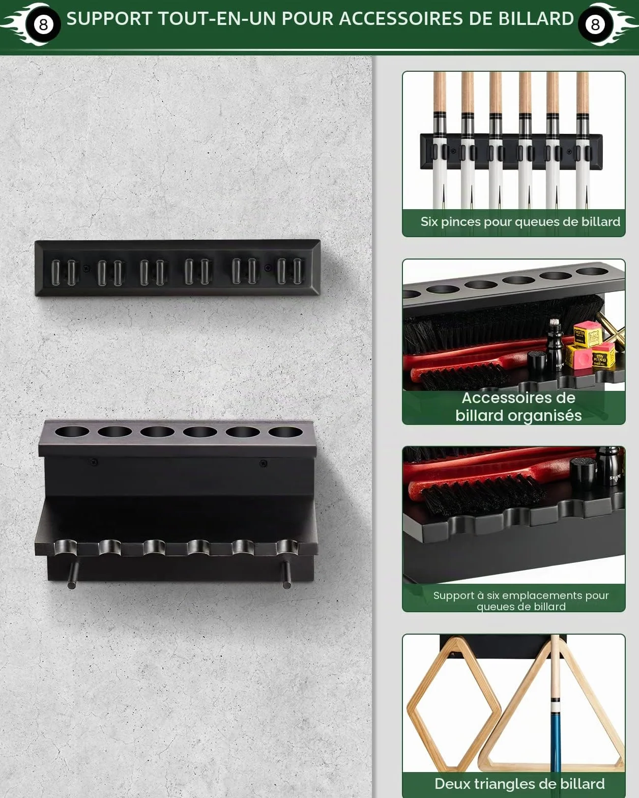 Support mural pour queues de billard en bois dur 6 queues accessoires table billard organisateur