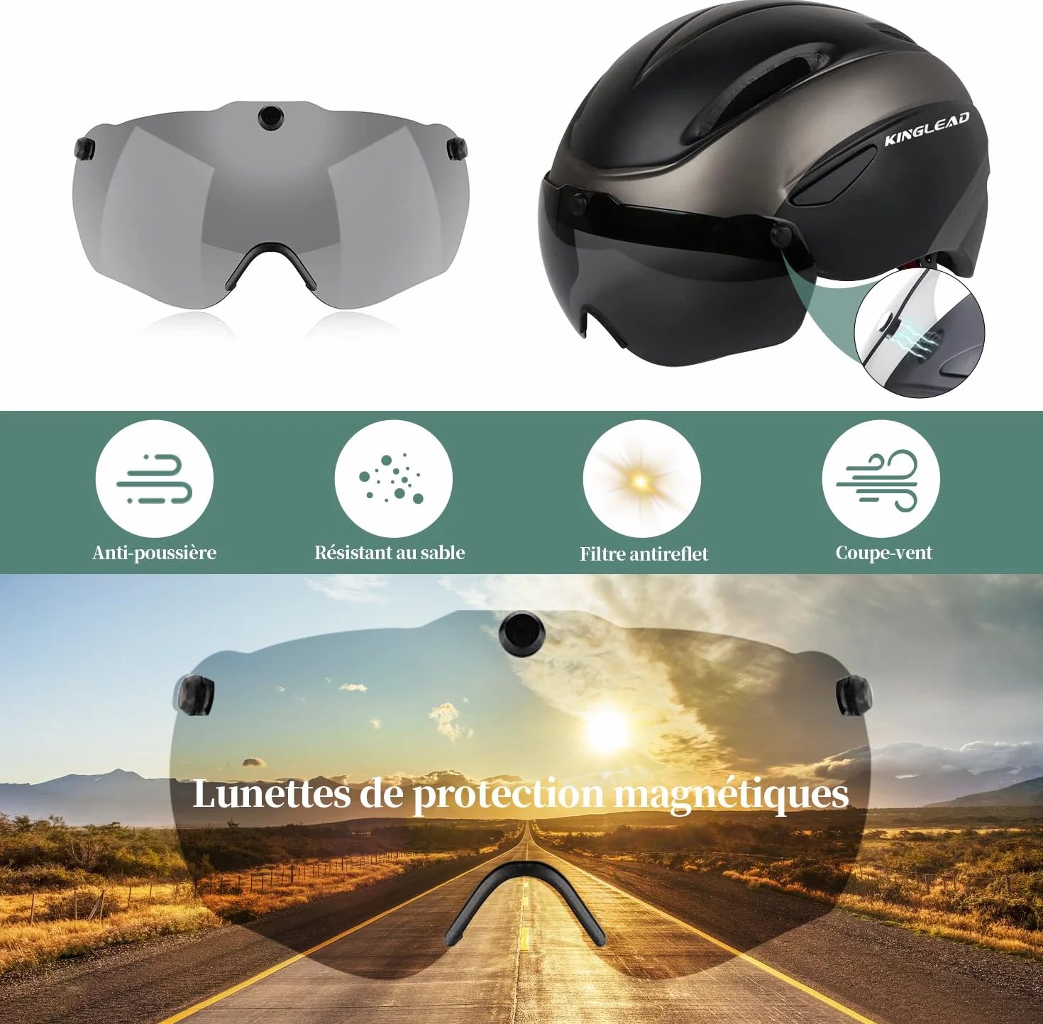 KINGLEAD Casque Vélo Homme Femme MTB Visière Magnétique Amovible Respirant Ultraléger Ajustable