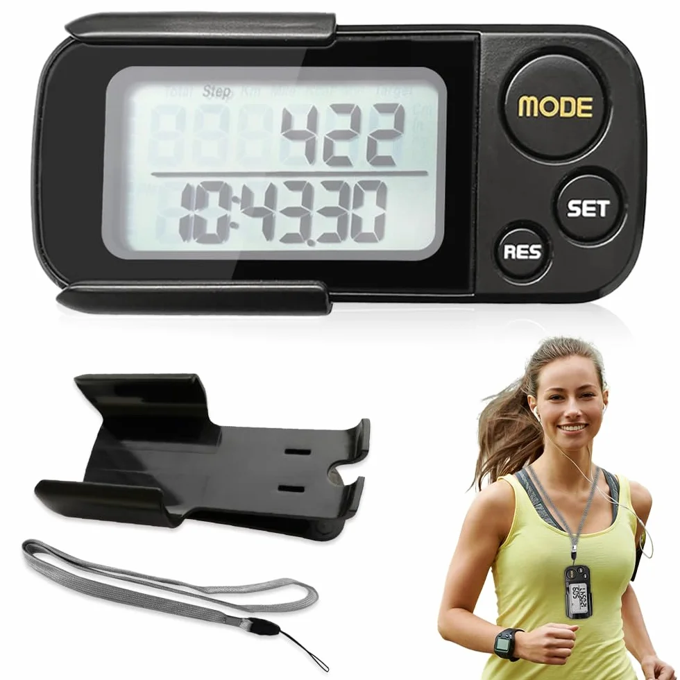 Podomètre Numérique 3D Portable avec Clip et Lanière, Compteur de Pas Distance Calories Horloge, Noir