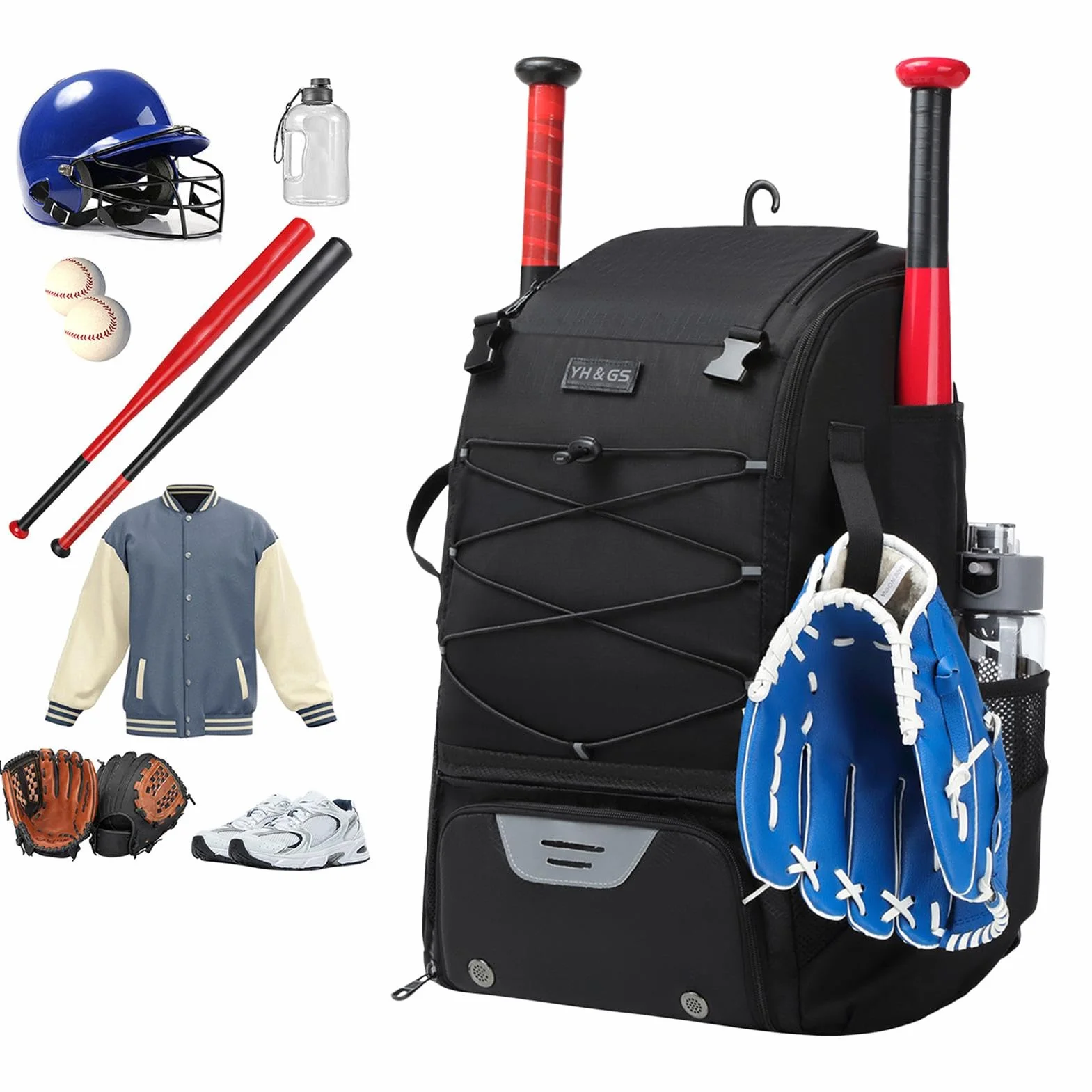 Sacs polyvalents d'équipement de baseball avec crochet de clôture pour casque et batte