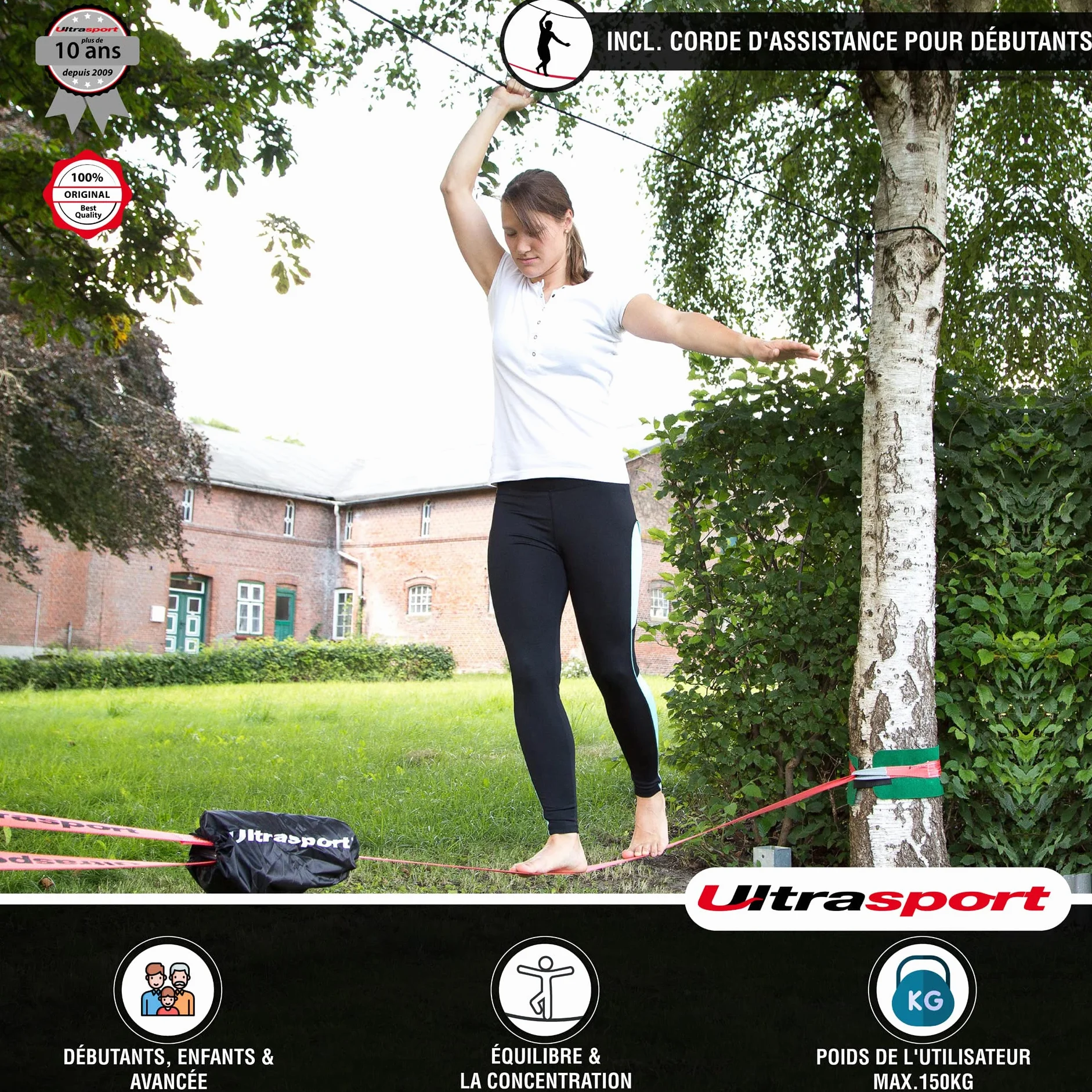 Ultrasport Slackline 15m-25m avec Cliquet et Sac Transport, Jeu Complet Certifié TÜV GS