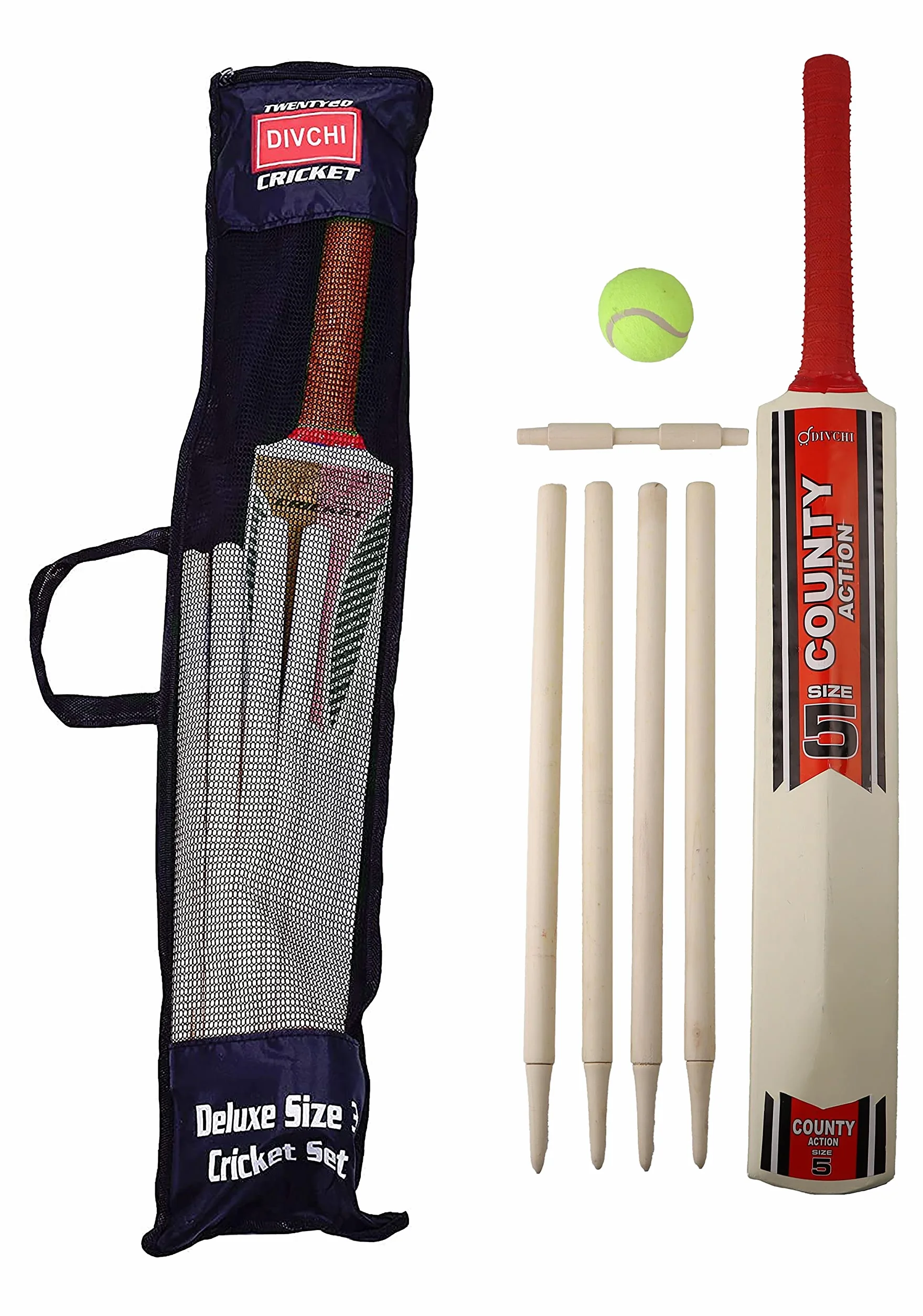 Ensemble de Cricket en Bois avec poignée en Caoutchouc, 4 souches et Balle Souple, Sac de Transport en Maille