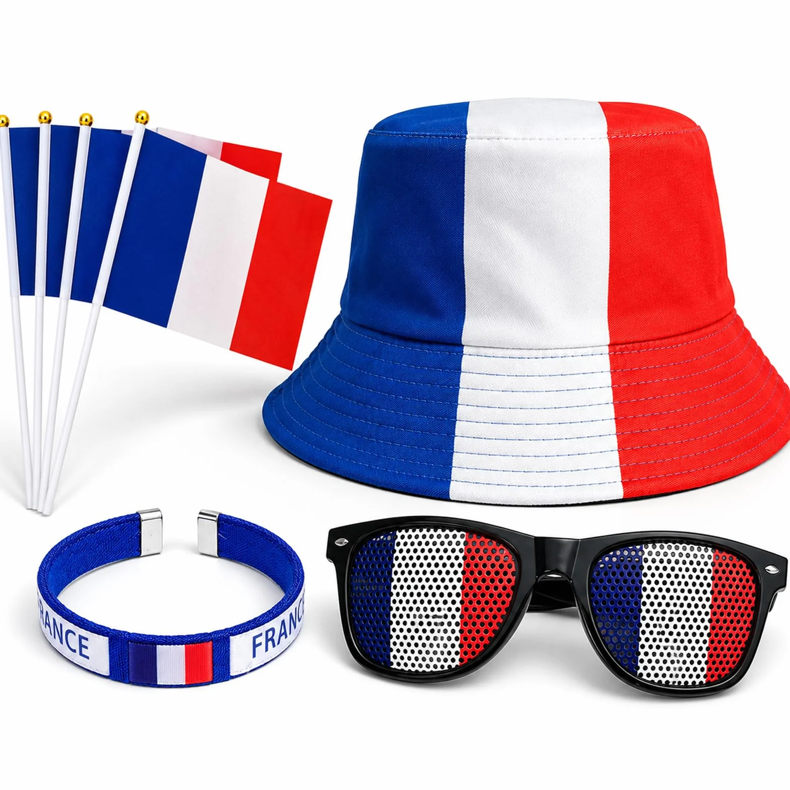 Kit Supporter France Football 6 Pièces Chapeau Pêcheur Polyester Lunettes Drapeau Pavillons Main Bracelet Tricolore