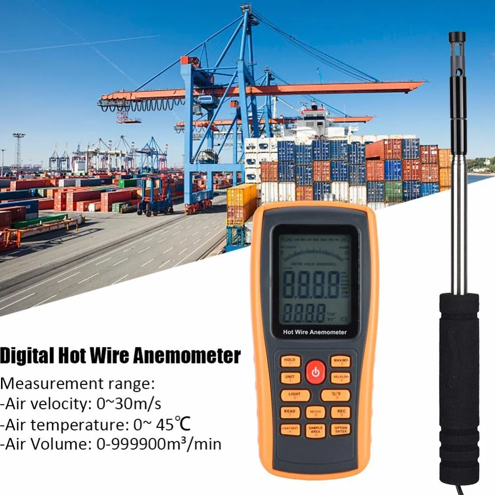 GM8903 Anémomètre LCD Numérique Portable, Jauge de Température du Vent à Fil Chaud