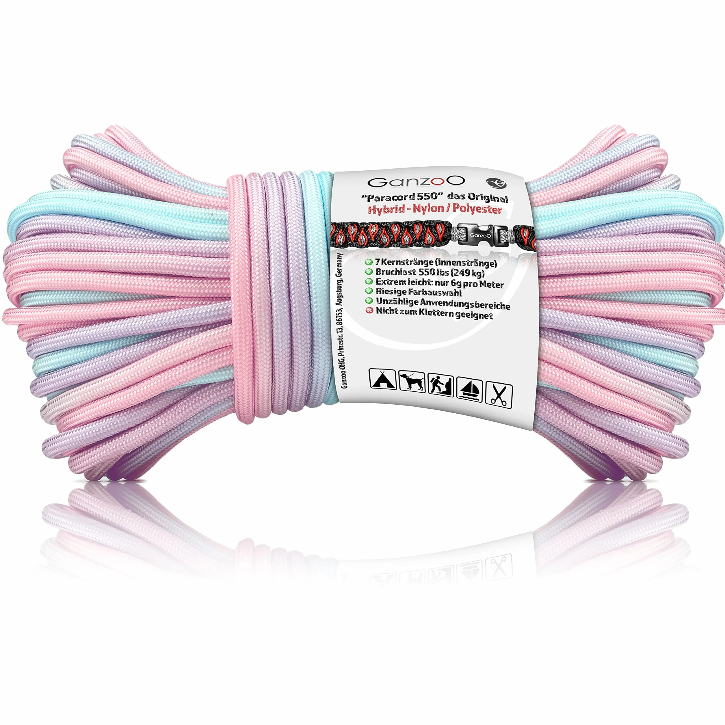 Ganzoo Paracorde 550 4 mm Arc-en-Ciel Pastel 30 m Nylon Polyester Type 3 Corde d'extérieur Camping