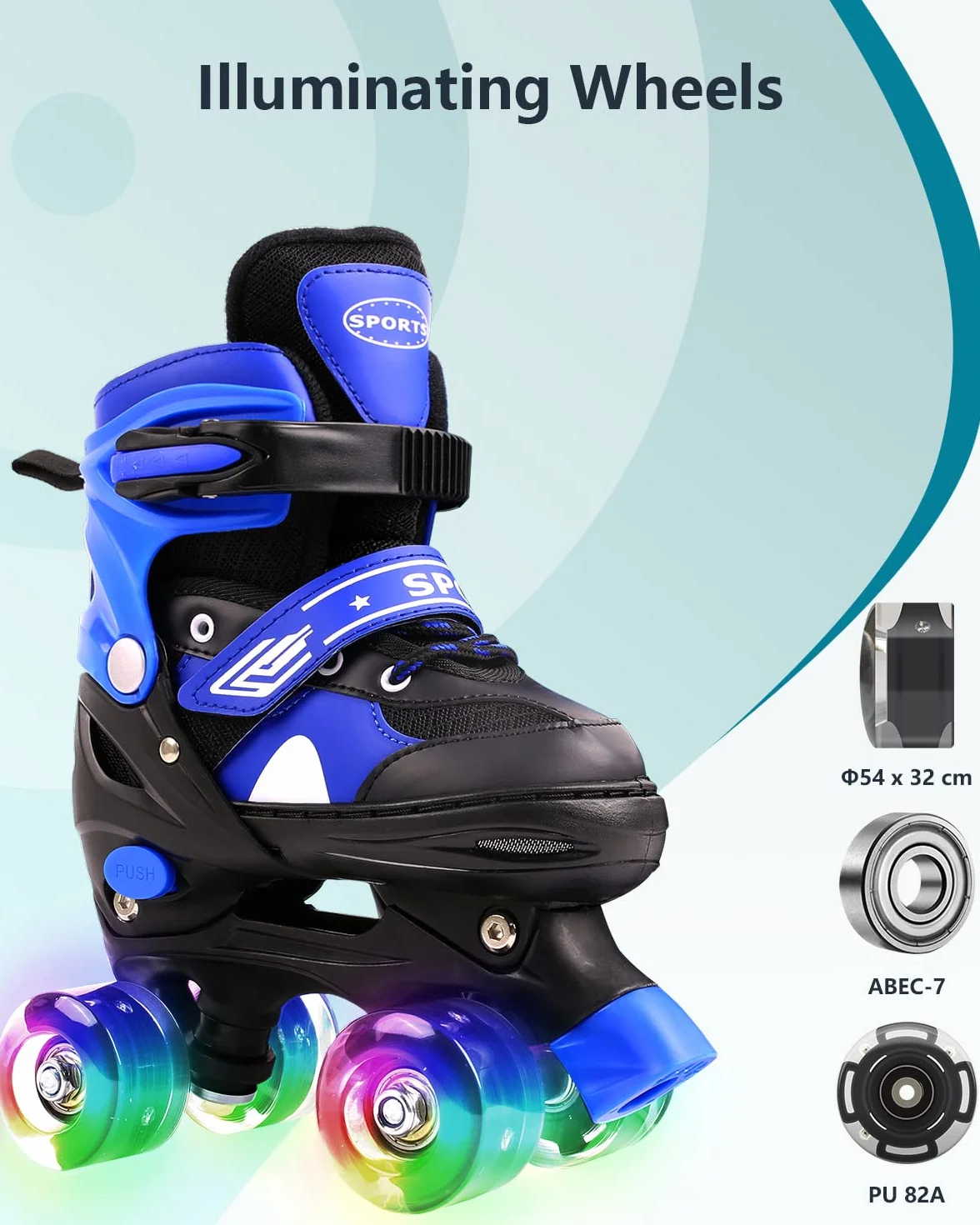 Patins à roulettes Rollers Quad 8 Roues Lumineuses Taille Réglable Bleu