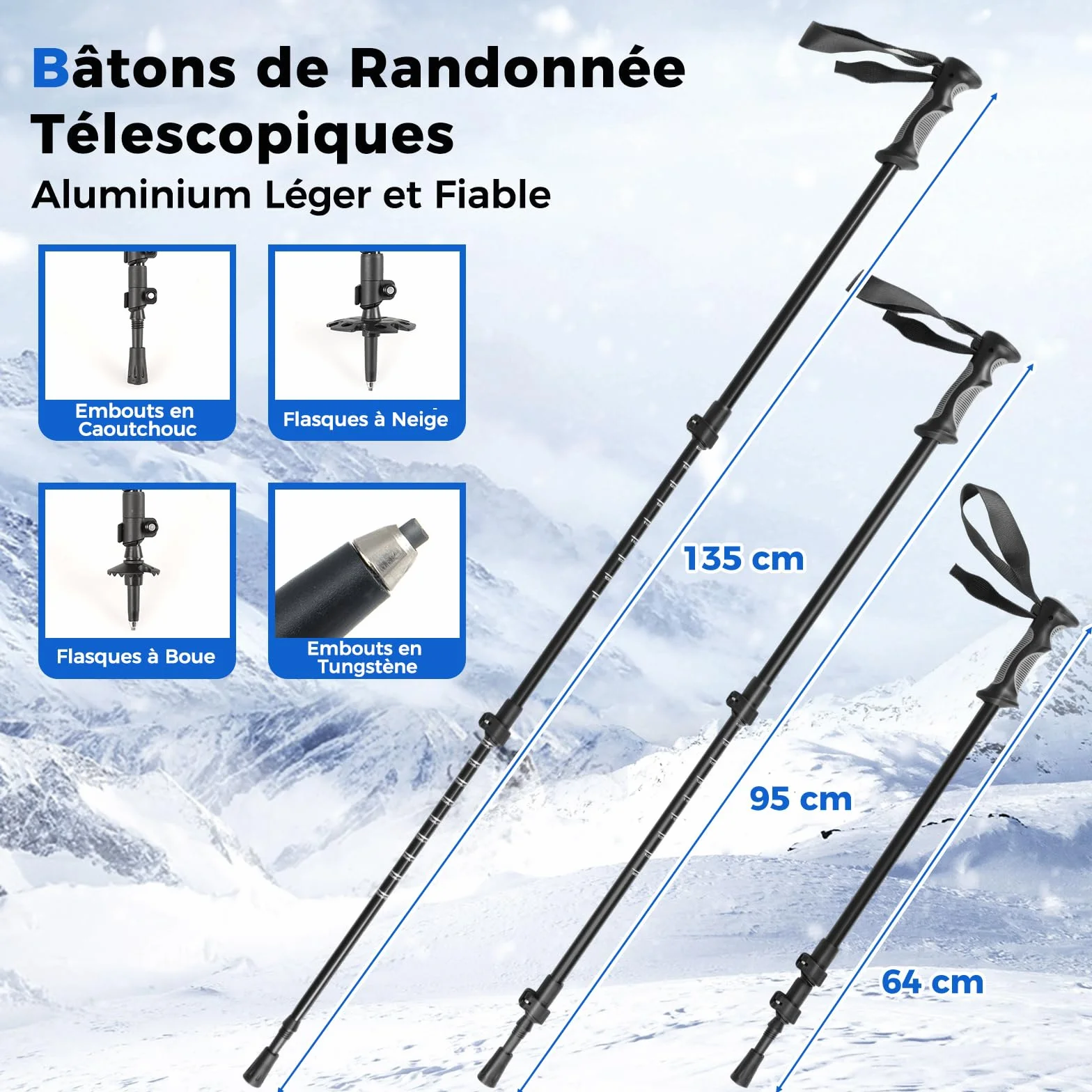 GYMAX Raquettes Tout-Terrain en Aluminium avec Bâtons de Trekking Réglables et Sac de Transport