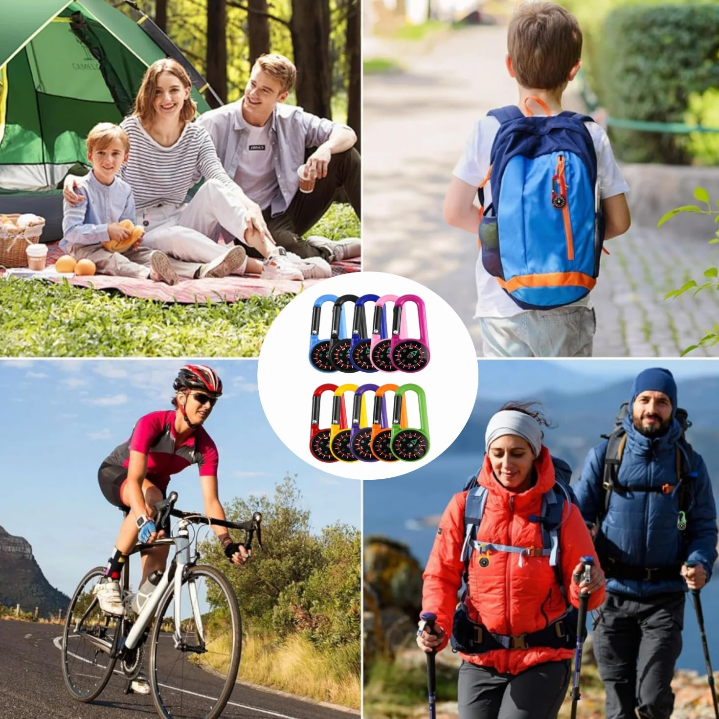 Mini Mousqueton Multifonction 10 pièces Boussole de Camping Colorée pour Enfant Randonnée Plein Air