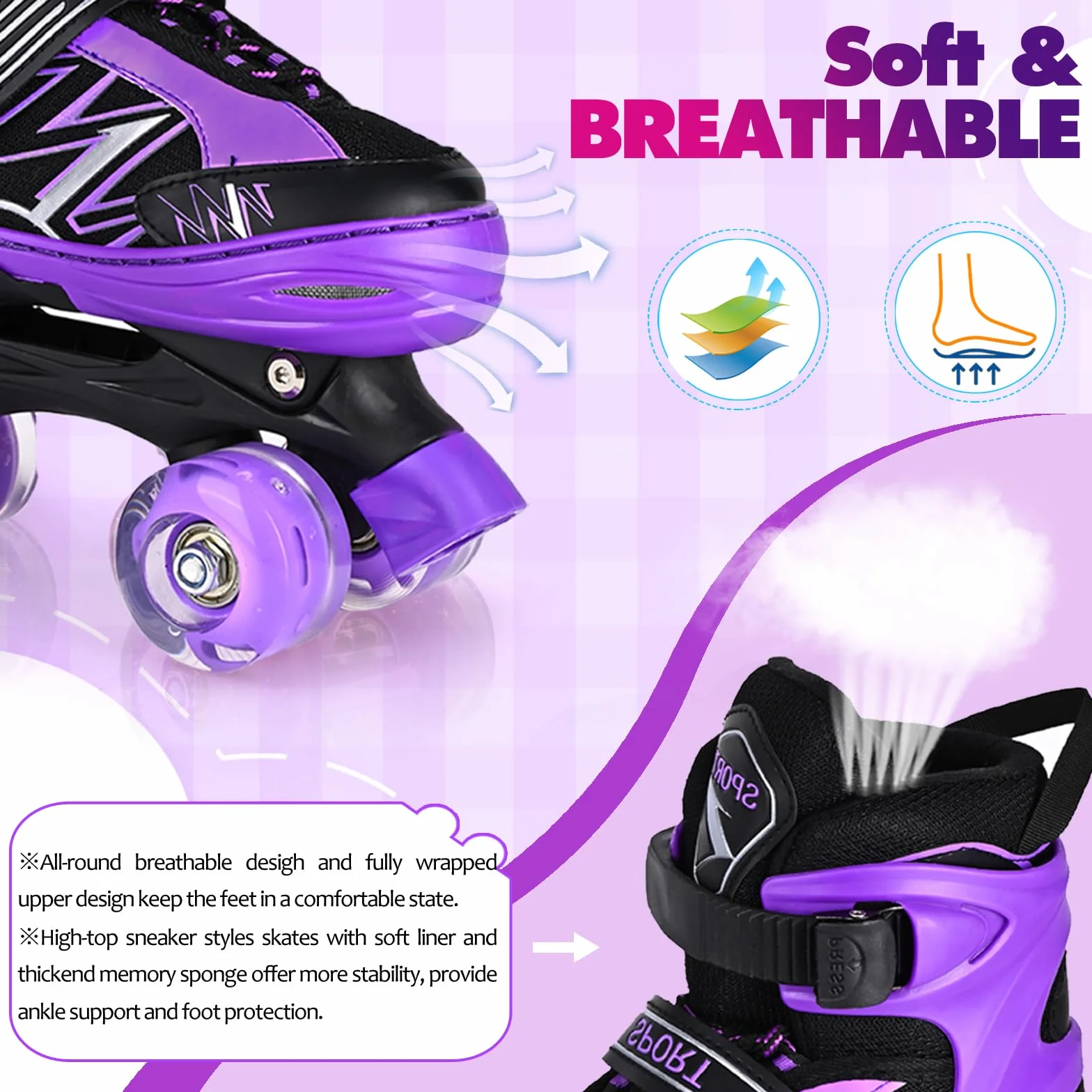 Patins à roulettes Enfants 4 Tailles réglables Roues Lumineuses Violet Blanc Quad Sport