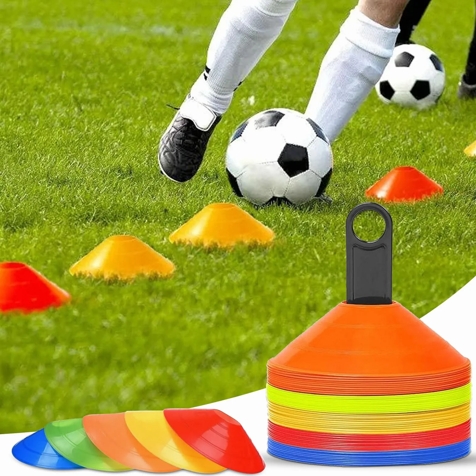 GEERDAN Plots de Marquage Football, Cône Signalisation Entrainement, 5 Couleurs avec Support Rangement