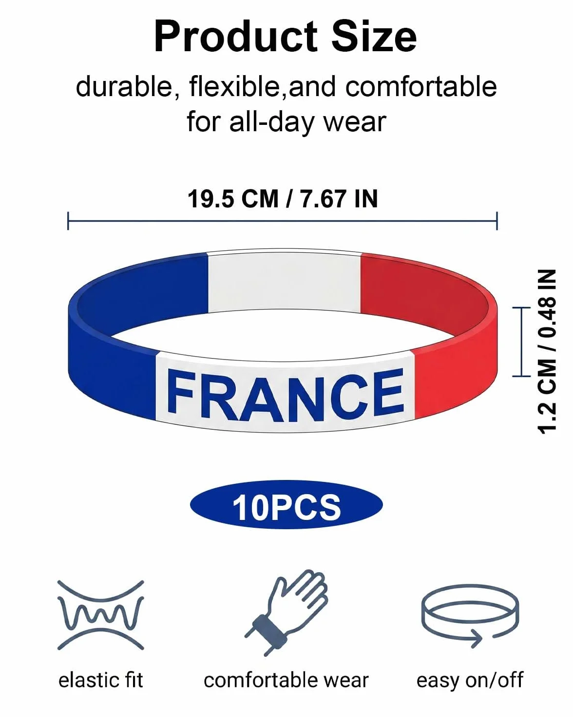 Bracelet Supporter France Lot de 10 Silicone Élastique Bleu Blanc Rouge CDM 2026