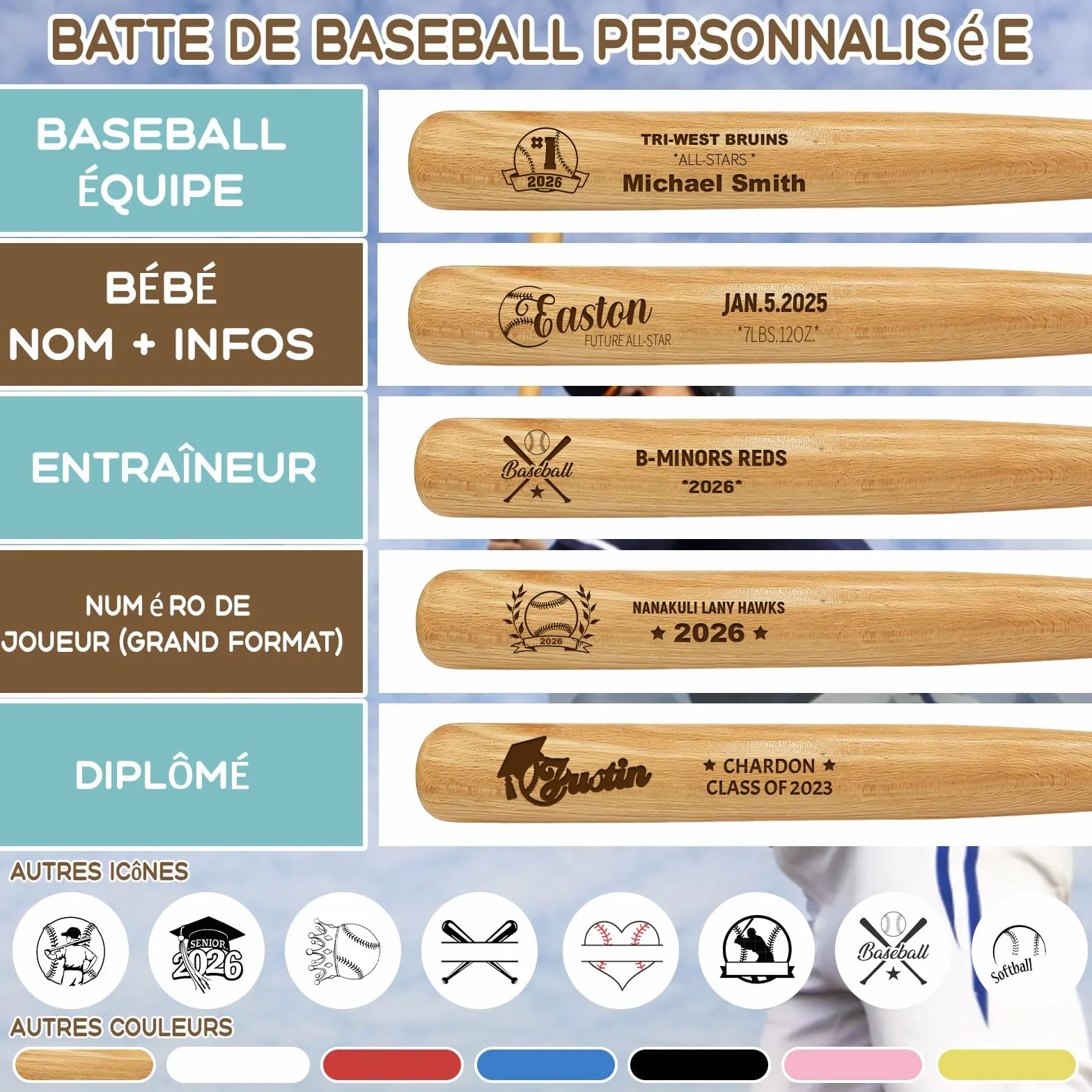 Mini Batte de Baseball Personnalisée 18 Pouces – Gravure Nom, Numéro & Logo, Petit Batte en Bois Cadeau Little League