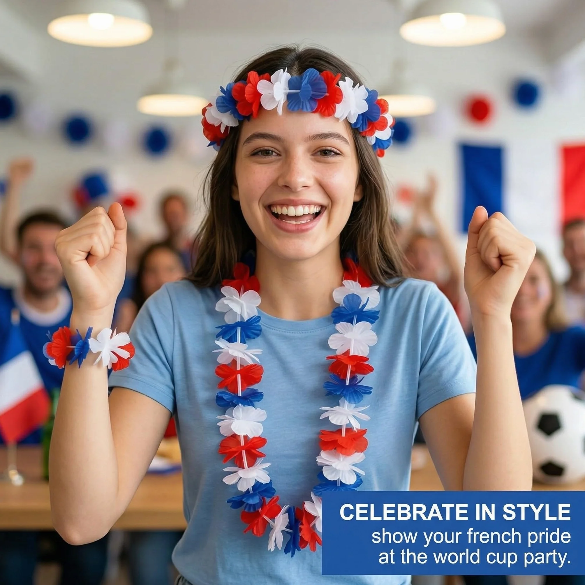 Guirlandes hawaïennes France Bleu Blanc Rouge - Bandeau, Collier, Bracelet - Décoration Coupe du Monde 2026 Football