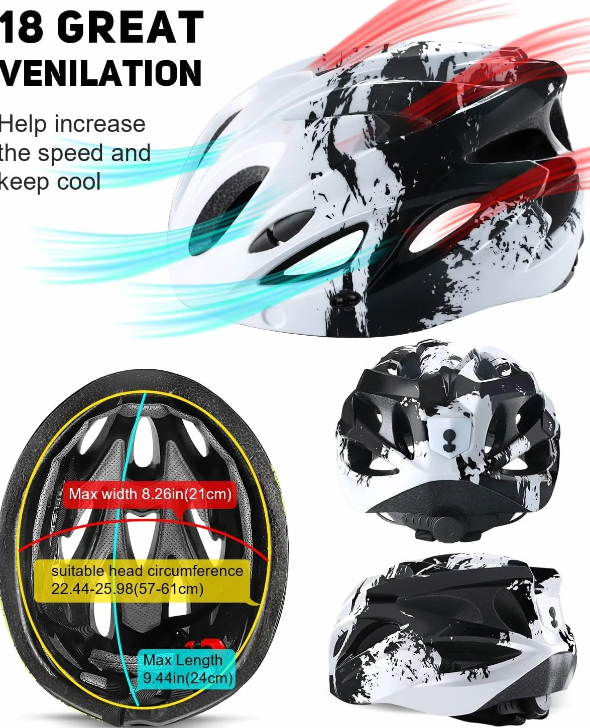 Casque de vélo urbain lumineux adulte visière magnétique amovible 18 canaux ventilation 57-62 cm